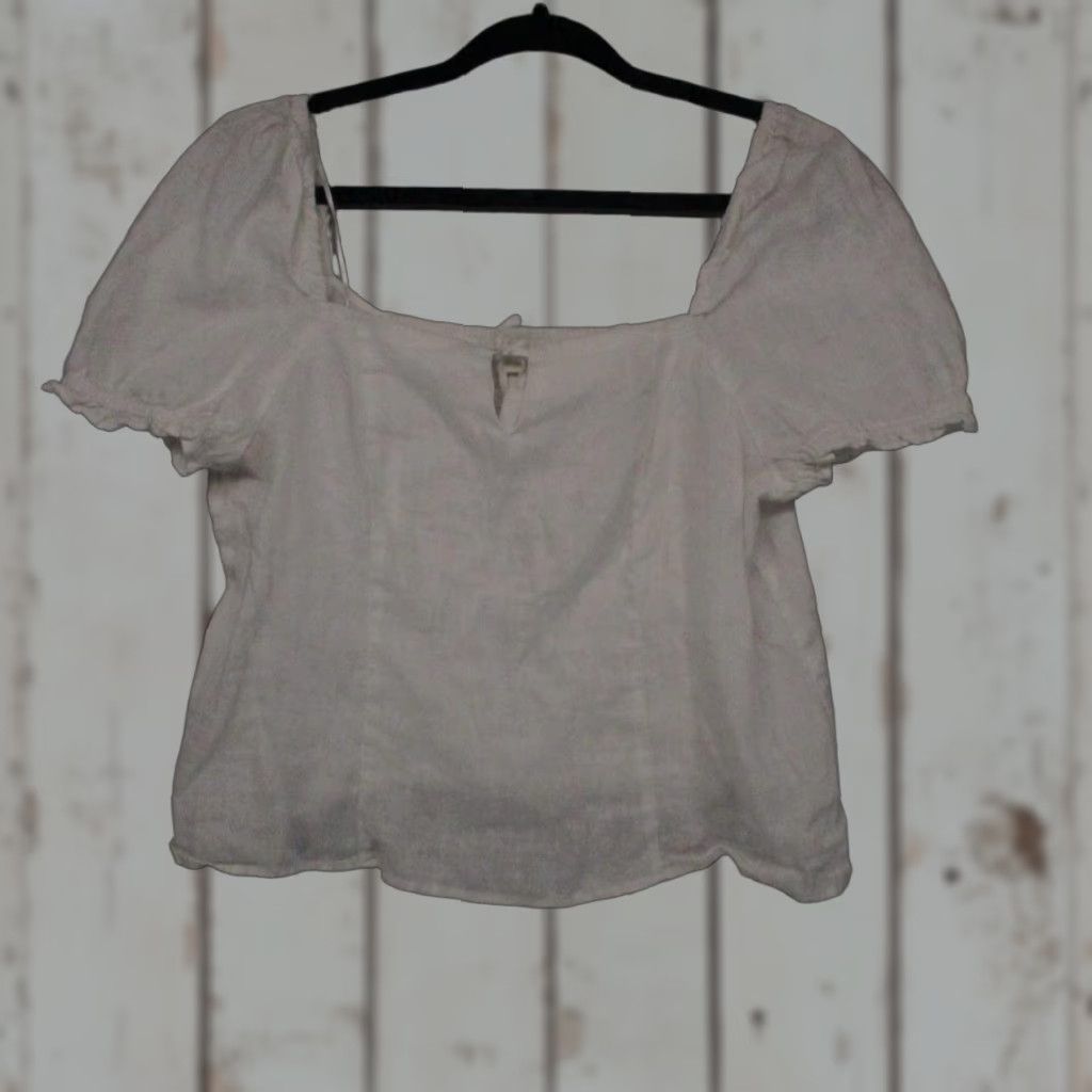 H&M VINTAGE H&M Shirt Women XL White Linen Short Puff Sleeve Smocked back Top Size XL / US 12-14 / IT 48-50 - 1 Thumbnail