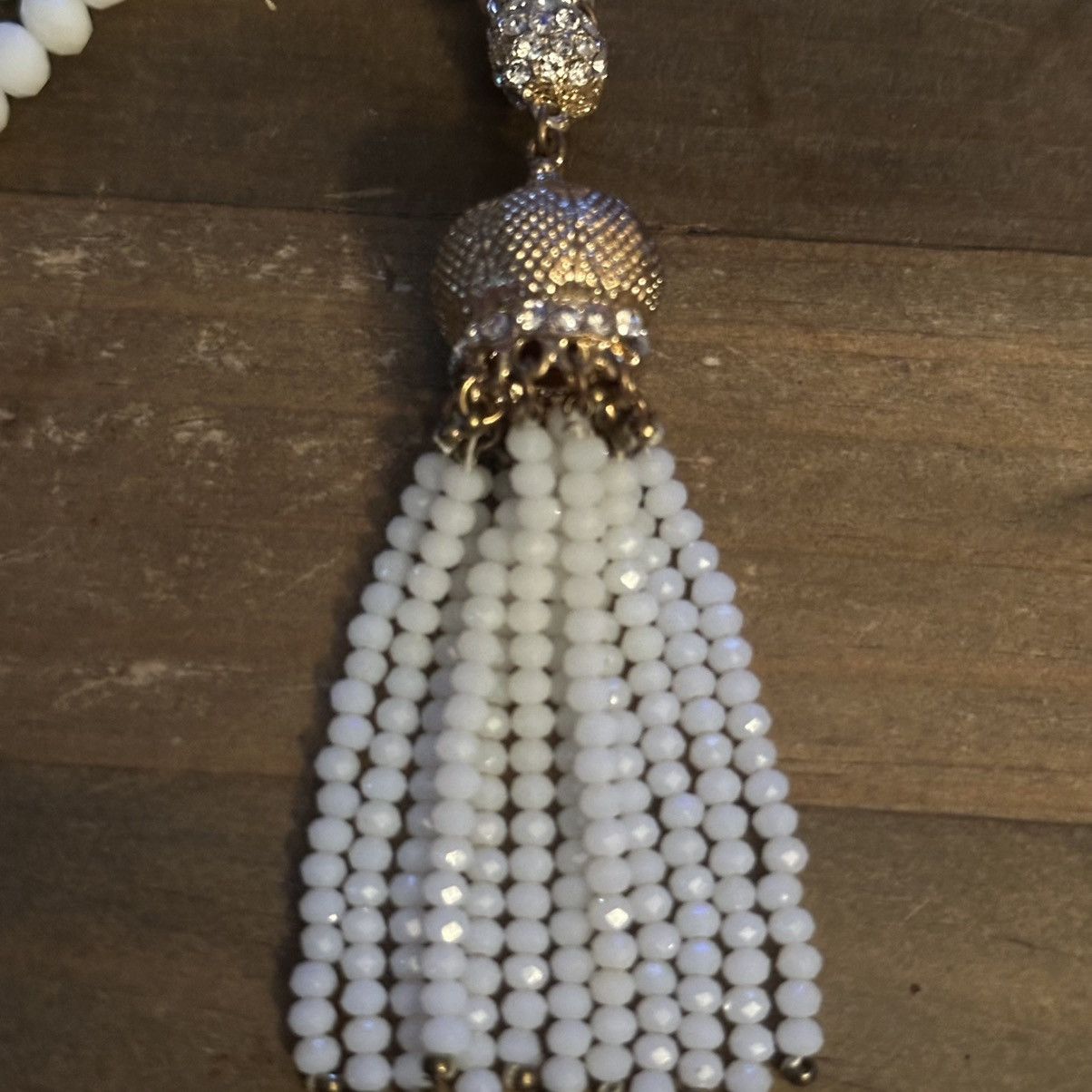 Other Frosted white glass bead rhinestone tassel necklace Size ONE SIZE - 3 Thumbnail