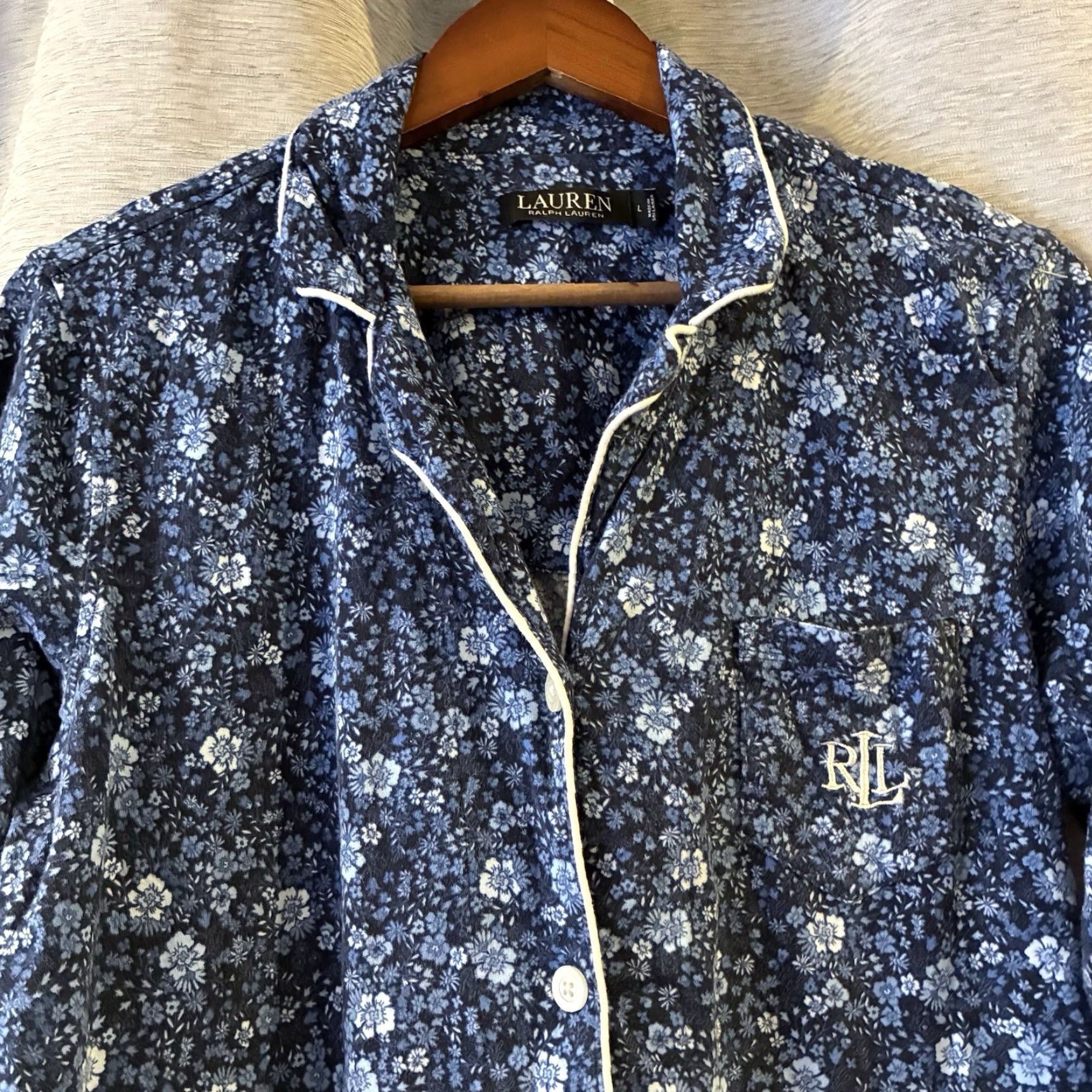Ralph Lauren Lauren Ralph Lauren Pajama Set Women’s Large 2-Pc Floral Blue Cotton Embroidered Logo Nightwear Sleepwear Sleep Set Womens Size ONE SIZE - 4 Thumbnail