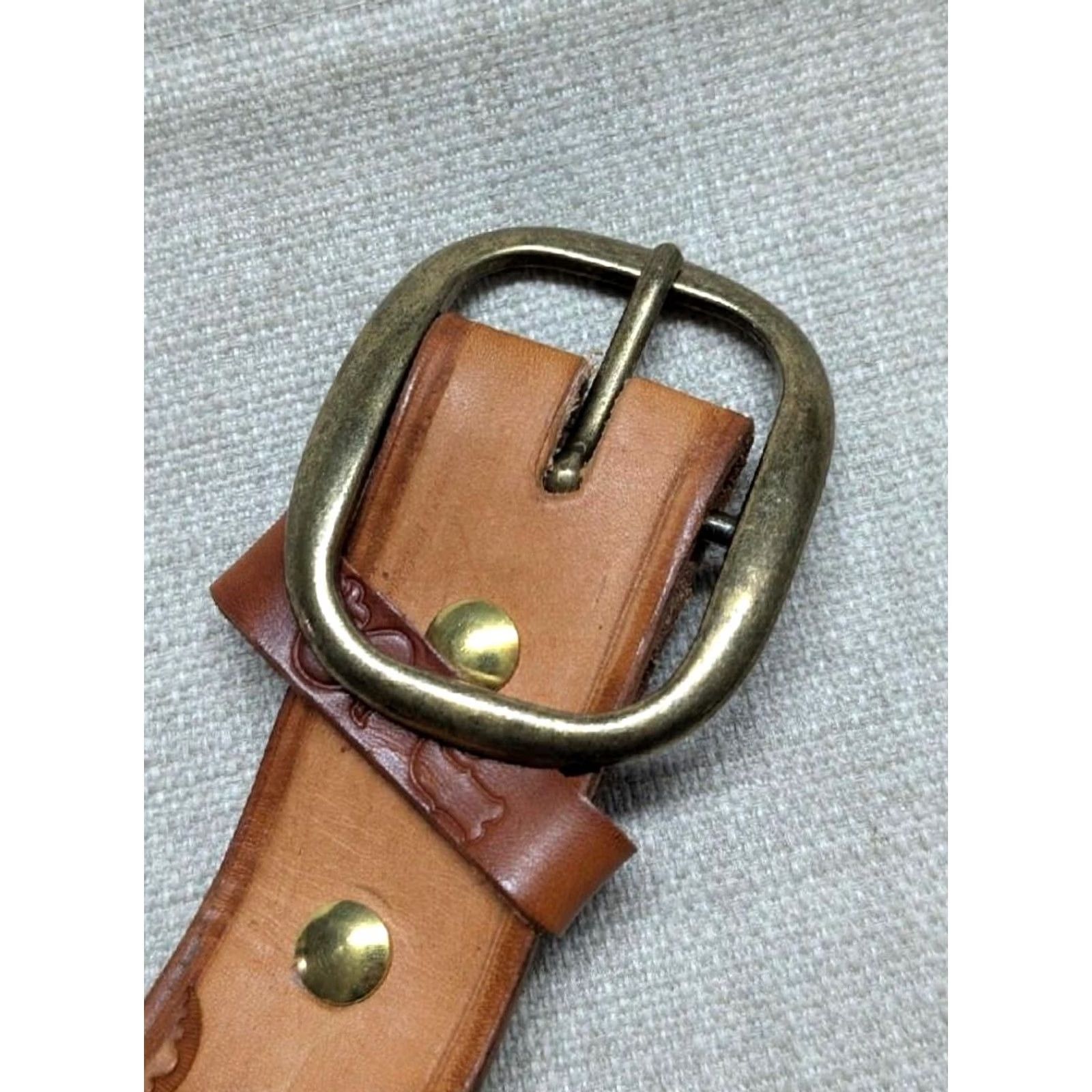 Vintage VINTAGE HANDCRAFTED belt TOOLED cowhide 40 brown WESTERN geometric brass Size 40 - 5 Thumbnail