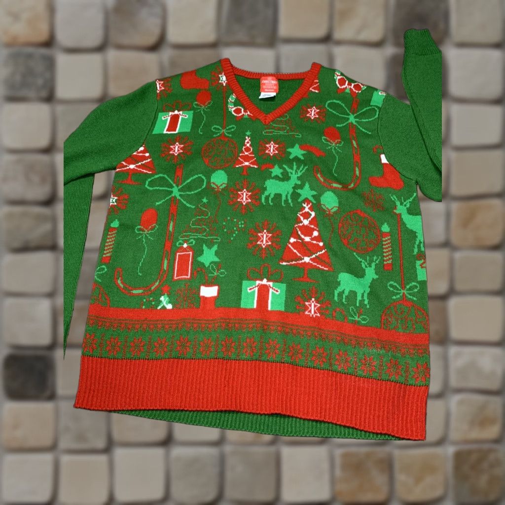 Vintage Ugly Christmas Sweater Shirt Unisex Adults Medium V-Neck Long Sleeve Red Green White Tree Ornament Snow Flakes Pullover Holiday - Size M / US 6-8 / IT 42-44 - 1 Thumbnail