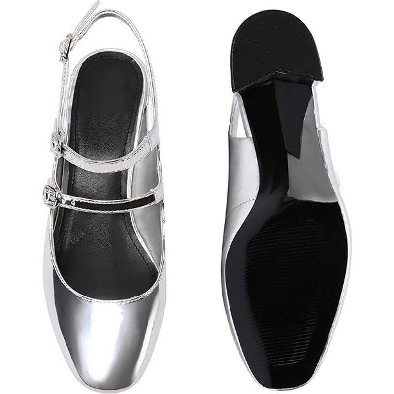 Other Adrizzlein Women's 7.5 Silver Mary Jane Block Heel Shoes Size ONE SIZE - 2 Thumbnail