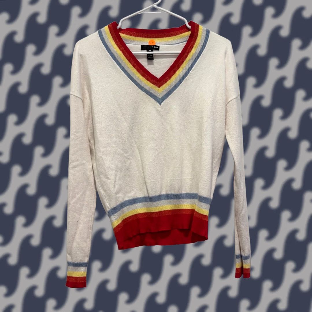 AQUA Aqua Womens V-Neck Rainbow Striped Metallic Trim Knit Sweater Small Ivory Size S / US 4 / IT 40 - 1 Thumbnail