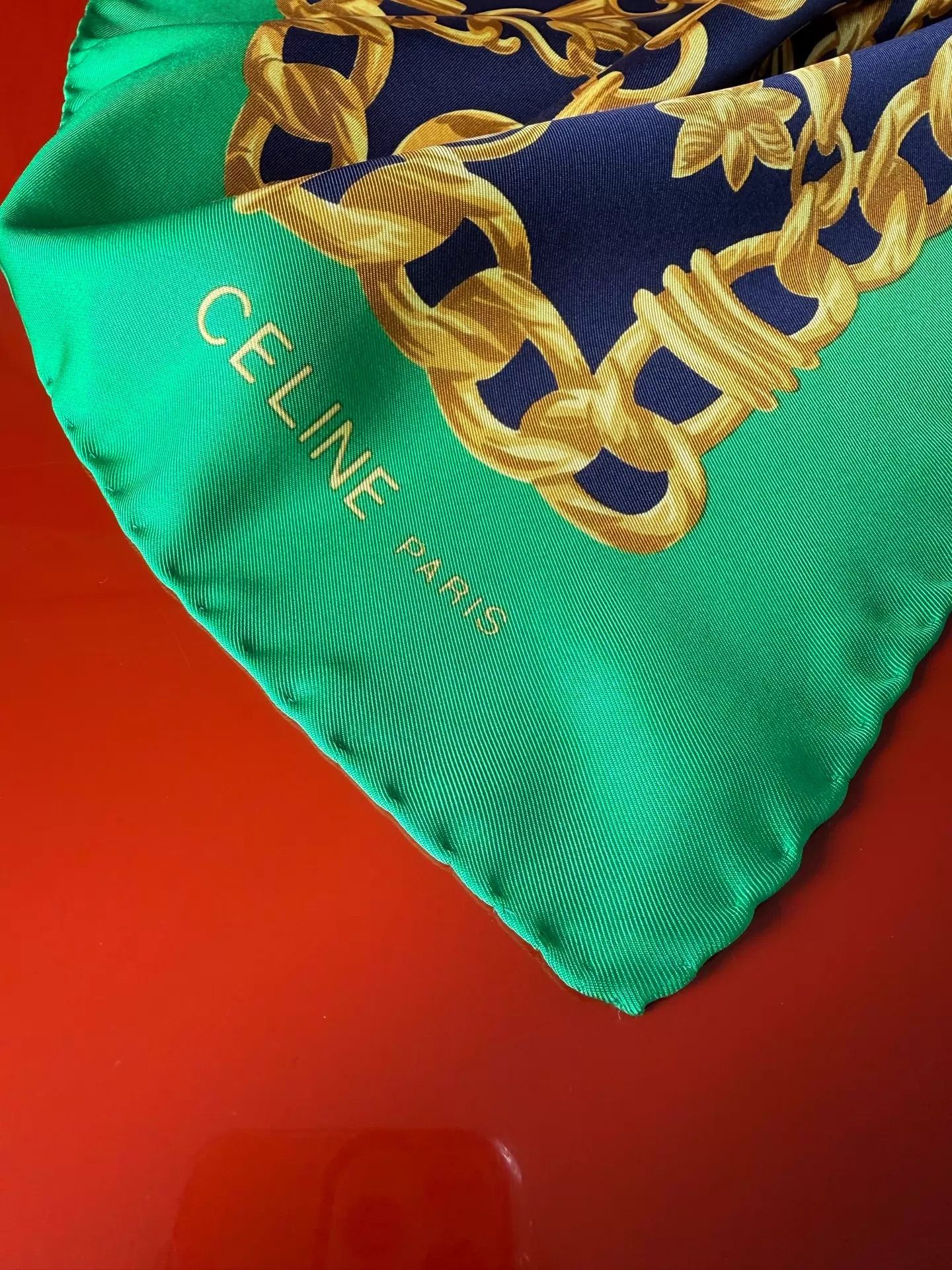 Celine Celine Vintage Green Link Triomphe Stirrup Silk 90 Size ONE SIZE - 5 Thumbnail