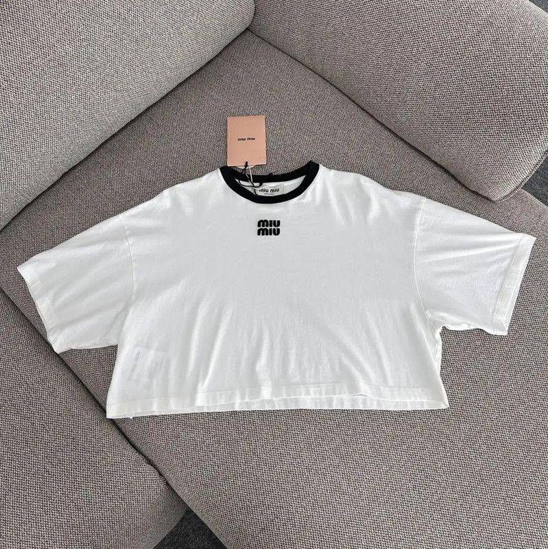 Miu Miu Miu Miu White Cotton Crop T-Shirt 0089 Size XS / US 0-2 / IT 36-38 - 1 Thumbnail
