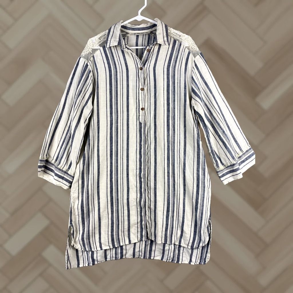 Zara Zara Shirt Dress Women’s L Gray Ivory Striped Long Sleeve Collared Button Hi-Low Hem Pockets Knit Dress Size L / US 10 / IT 46 - 1 Thumbnail