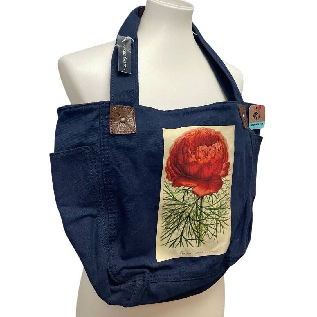 Faded Glory Hand Printed Red Peony Flower Navy Canvas Cotton Tote Bag Size ONE SIZE - 1 Thumbnail