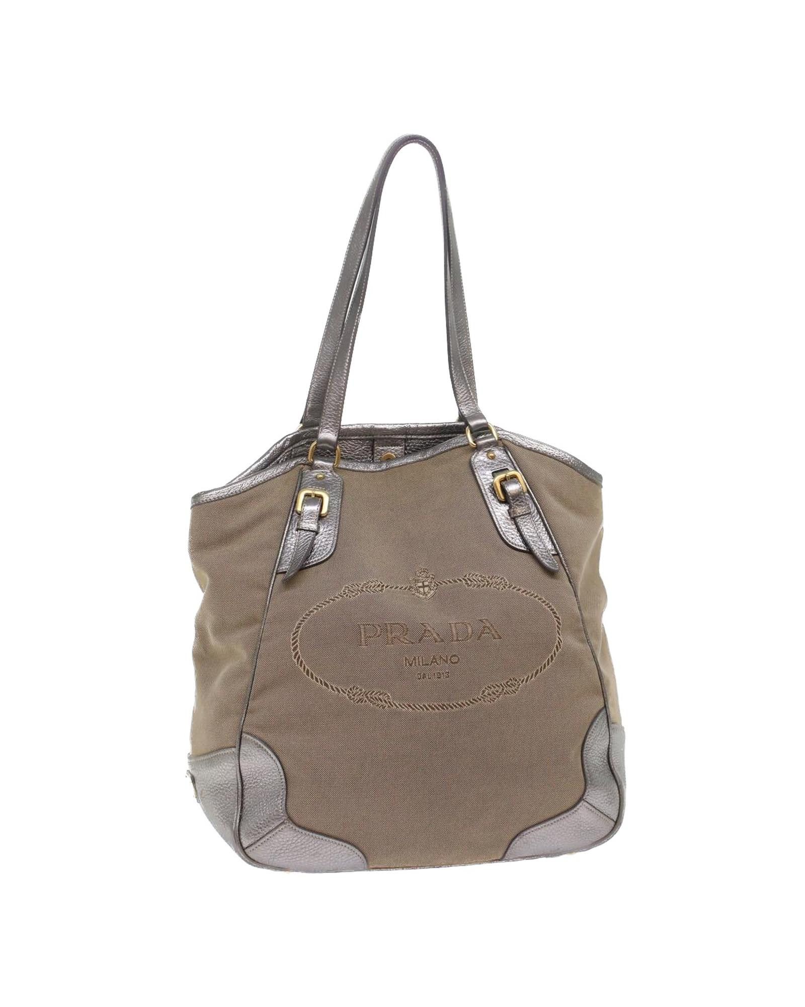 image of Prada Canvas Leather Tote Bag in Beige, Women's
