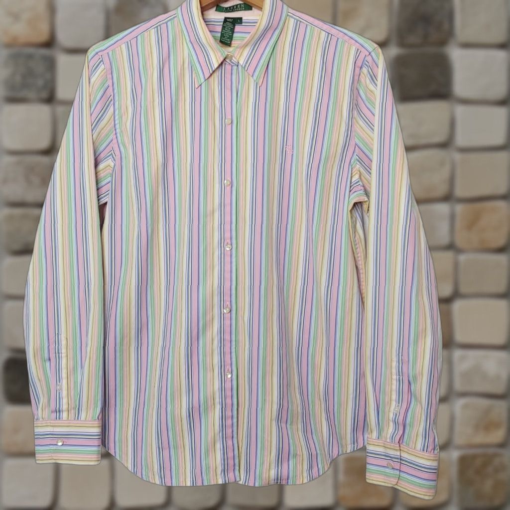 Ralph Lauren Lauren Ralph Lauren Blouse Women's L Striped Multicolor 100% Cotton Long Sleeve Button Collar 20.5" Chest 27.5" Length Regular Fit Ladies Size L / US 10 / IT 46 - 1 Thumbnail