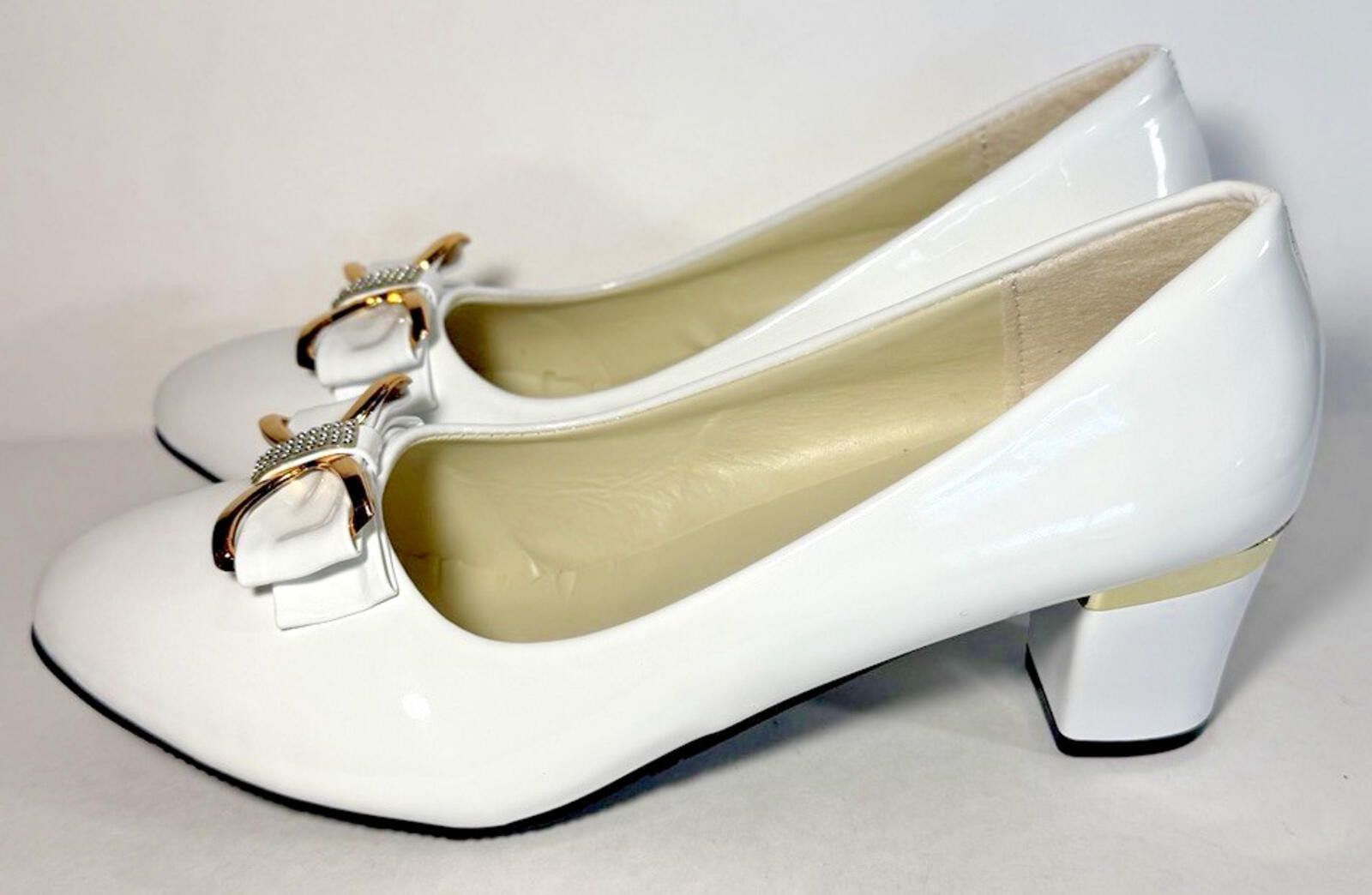 Other MING KE Heel Pumps Slip on Gold Bow Rhinestone Shoes White Size US 10 / IT 40 - 3 Thumbnail
