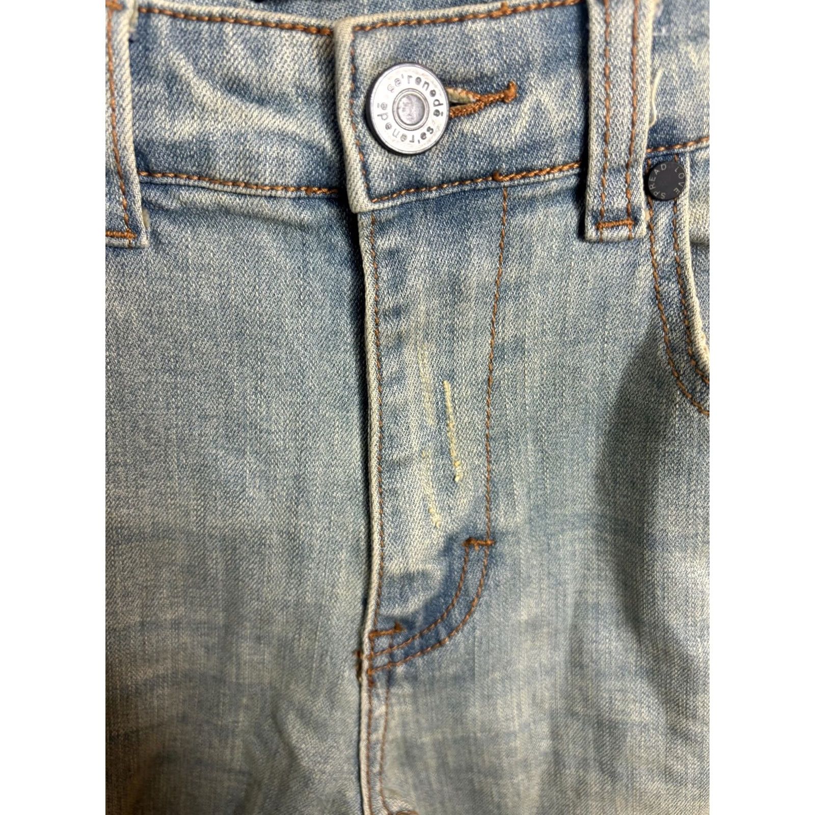 Vintage VINTAGE Serenede Jeans Mens 30 Light Wash Distressed Skinny Yellow Black Side Stripe Denim Slim 30 in Blue Mens Jeans Side Stripe Distressed 90s Style Size US 30 / EU 46 - 3 Thumbnail