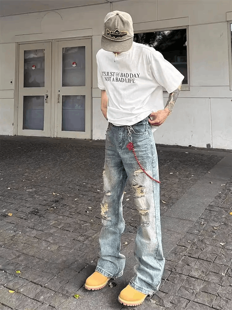 Japanese Brand × Vintage Washed vintage irregular ripped Y2K baggy jeans Size US 31 - 1 Thumbnail