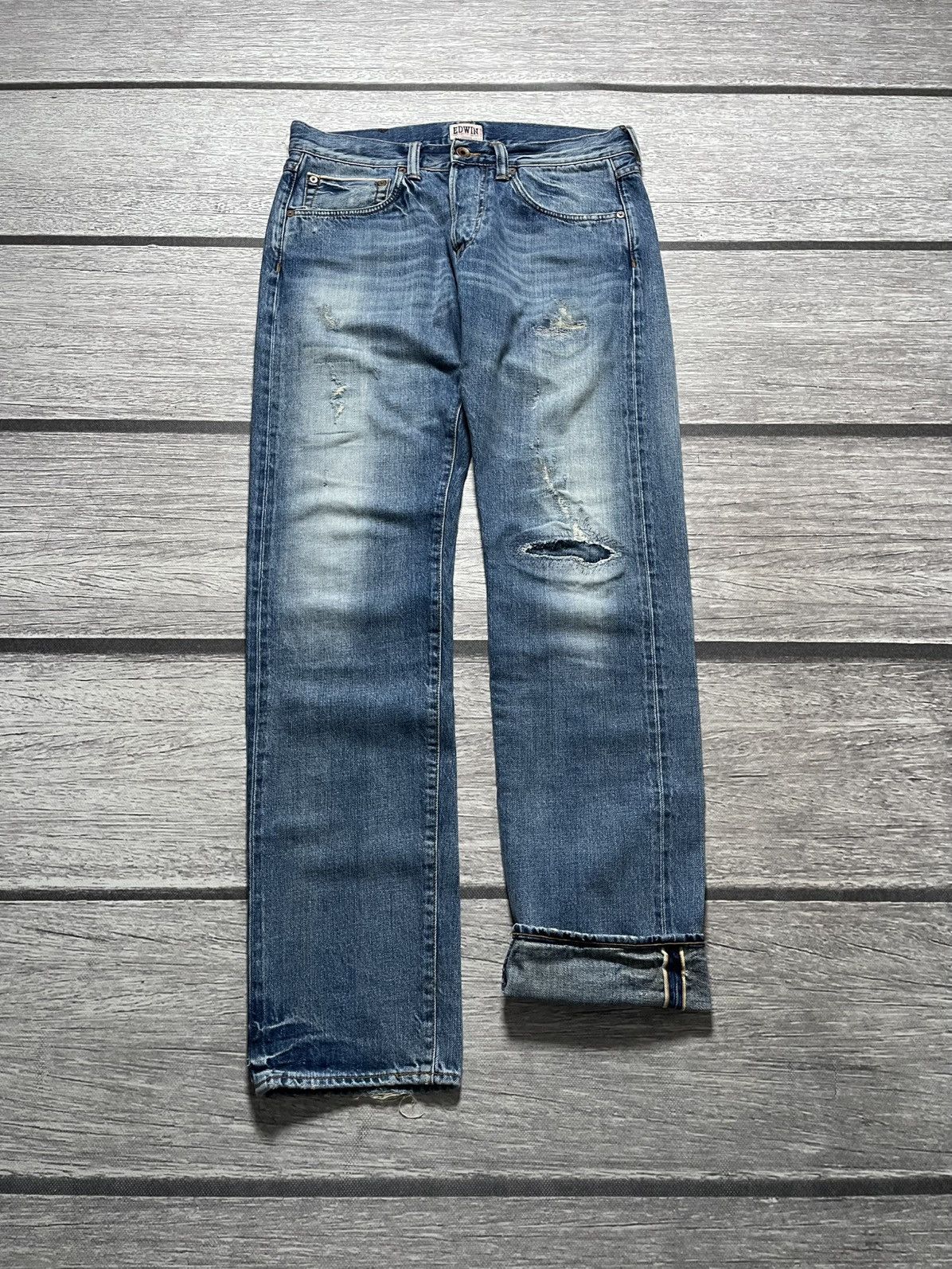 Edwin Edwin ED-55 Rainbow Selvedge Japanese Distress Denim Jeans Size US 32 / EU 48 - 1 Thumbnail