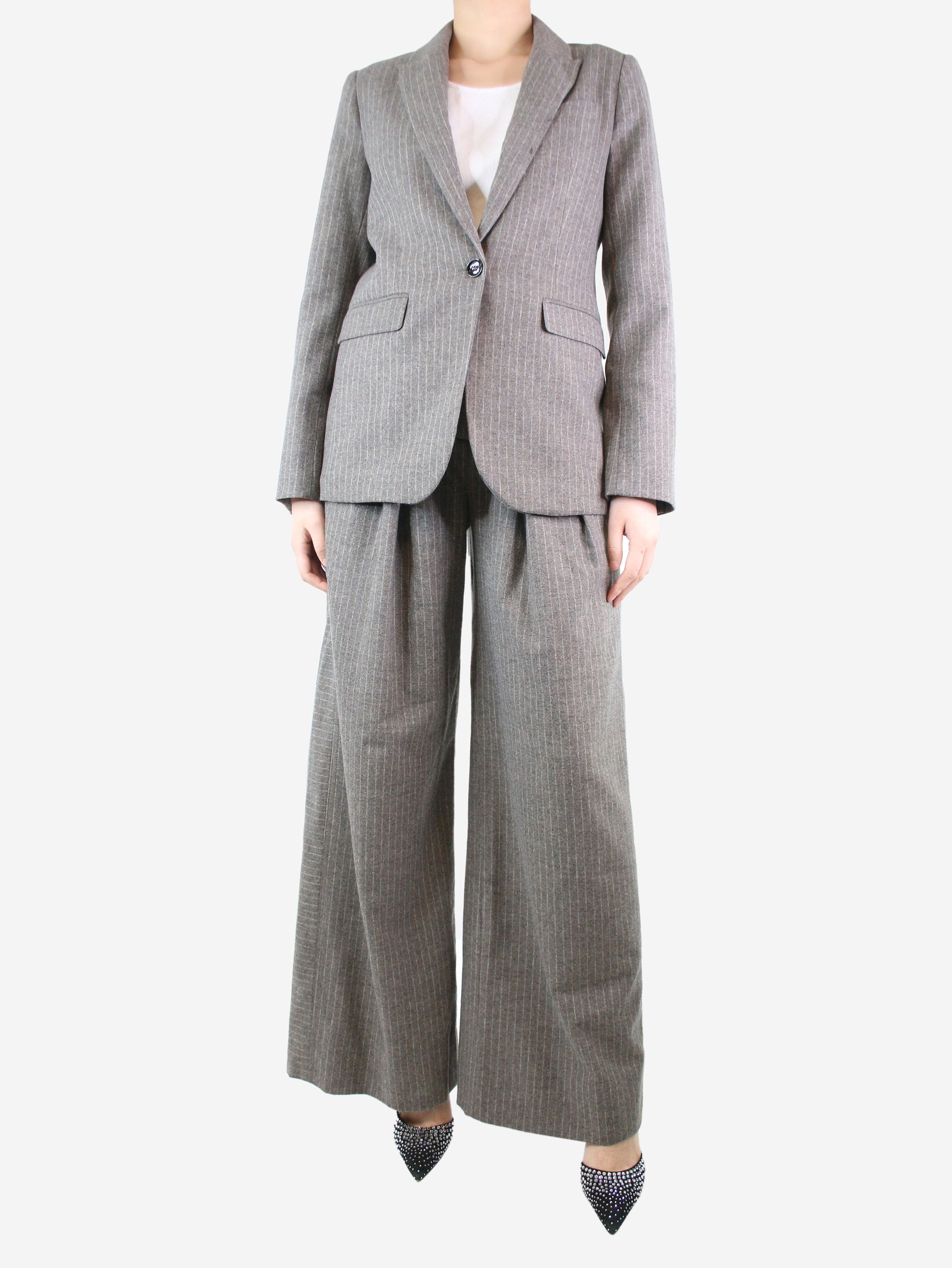 image of Me Em Brown Pinstriped Wool Blazer And Tailored Trousers Set - Siz, Women's (Size 27)