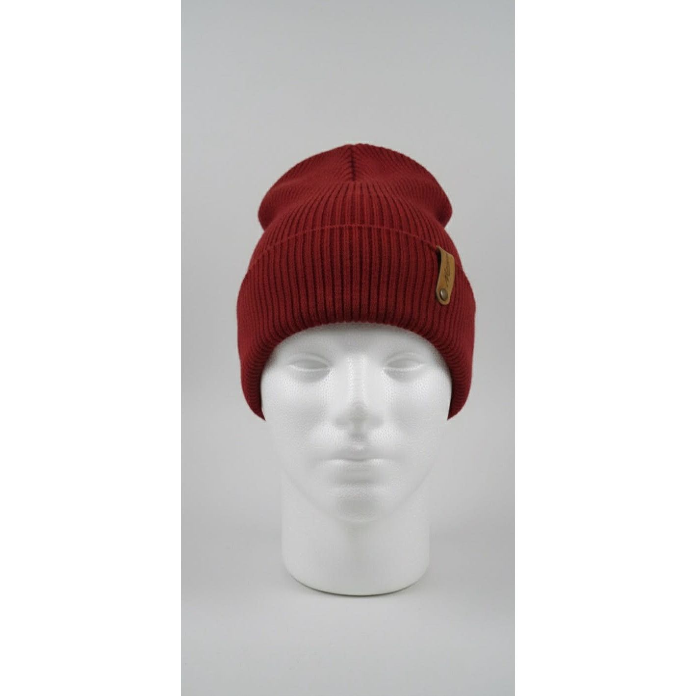 Other New Burgundy Red Knit Beanie Hat Leather Patch Cuffed Winter Size ONE SIZE - 2 Thumbnail