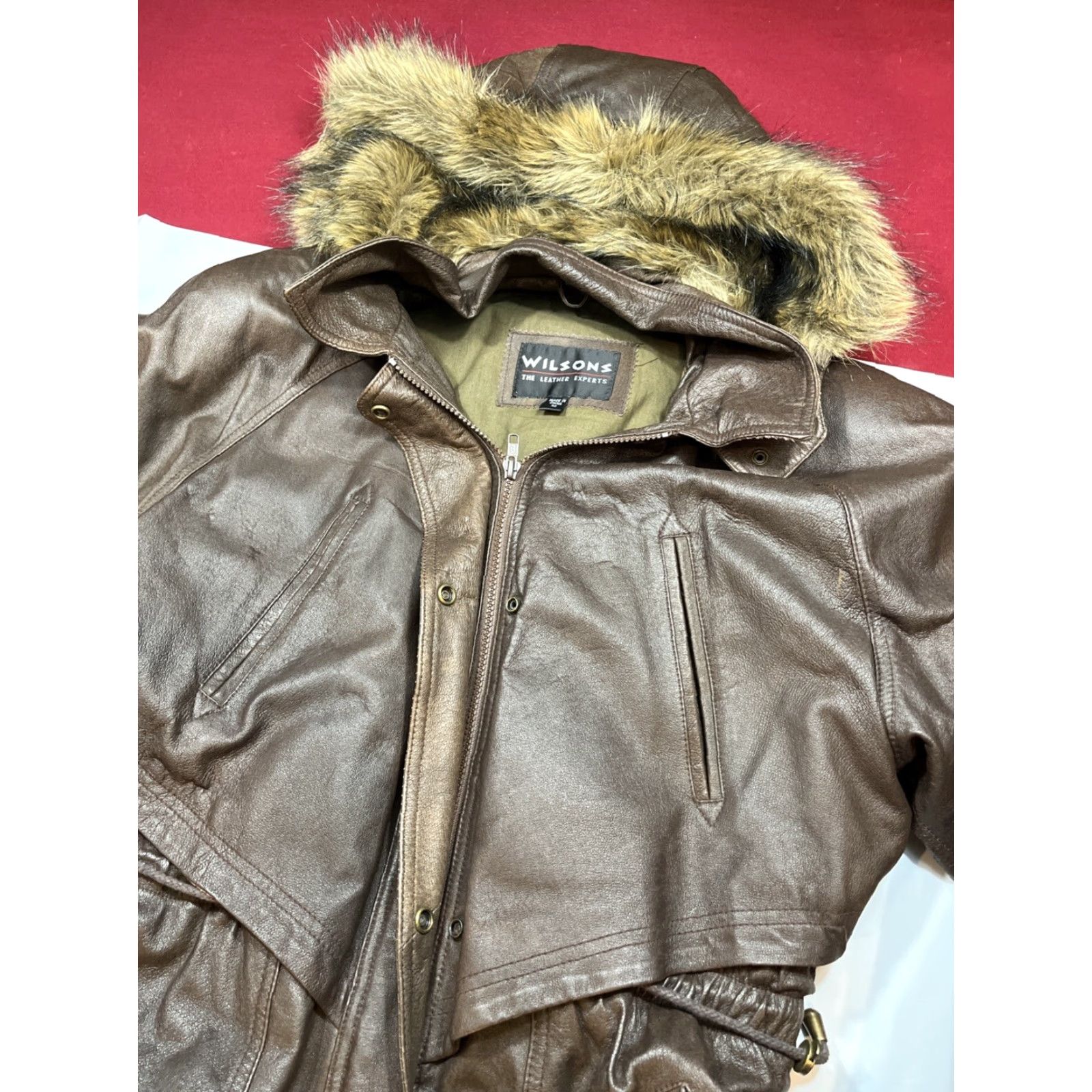 Vintage VINTAGE Wilson’s Leather Brown Leather Jacket Zip Snap Lined Fur Hooded Cinch Ties M Size M / US 6-8 / IT 42-44 - 6 Thumbnail