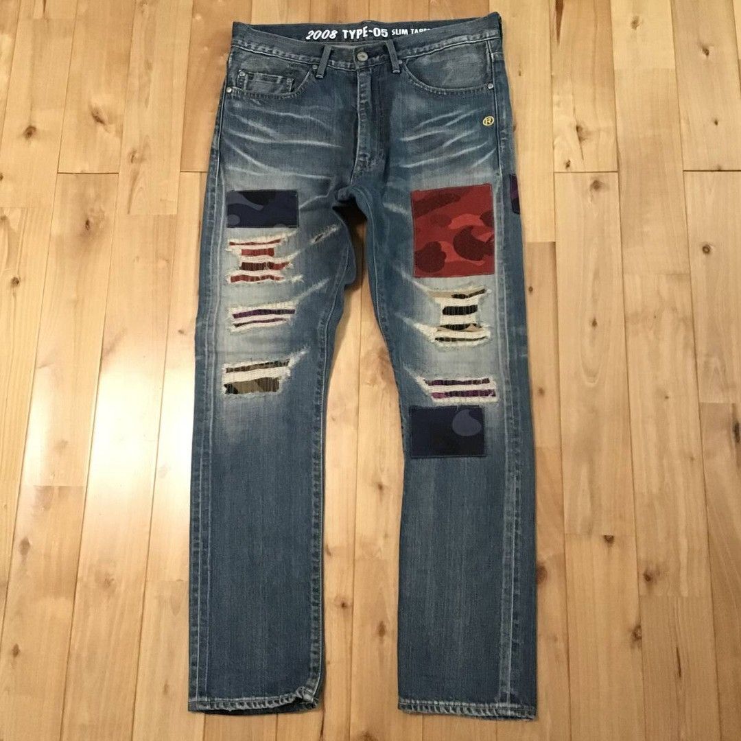 Bape BAPE TYPE-05 MIX CAMO PATCHWORK DAMAGED DENIM PANTS ★size M Size US 32 / EU 48 - 1 Thumbnail
