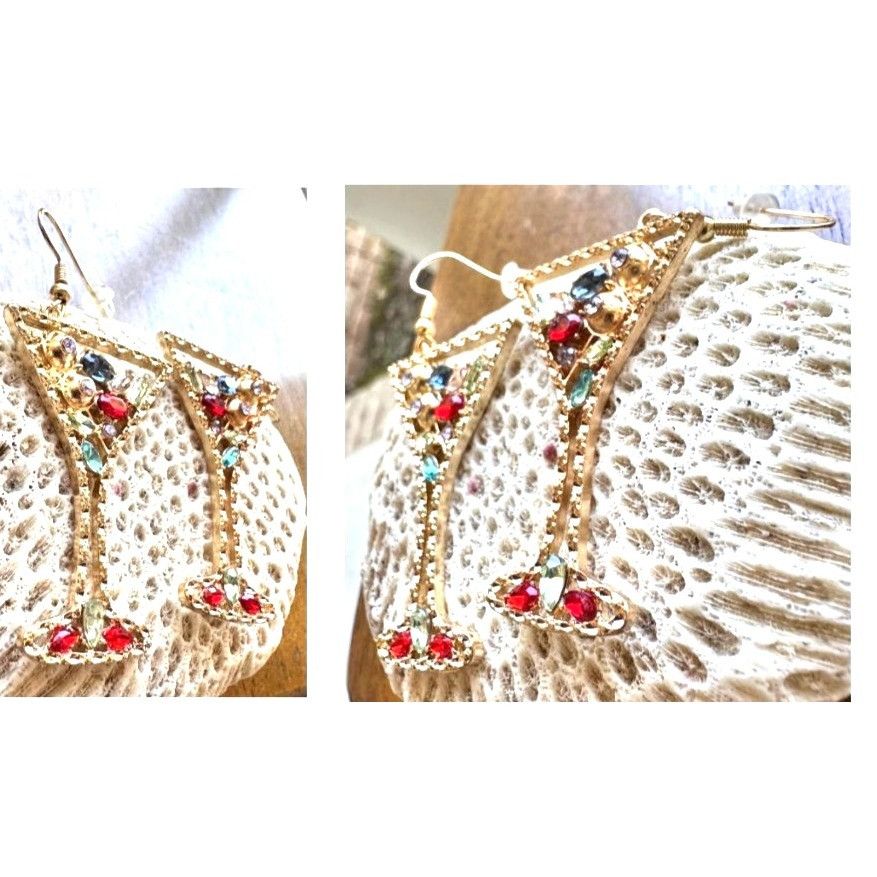 Handmade Cocktail Drink Earrings Martini Rhinestones Cruise Beach Isl Size ONE SIZE - 9 Thumbnail