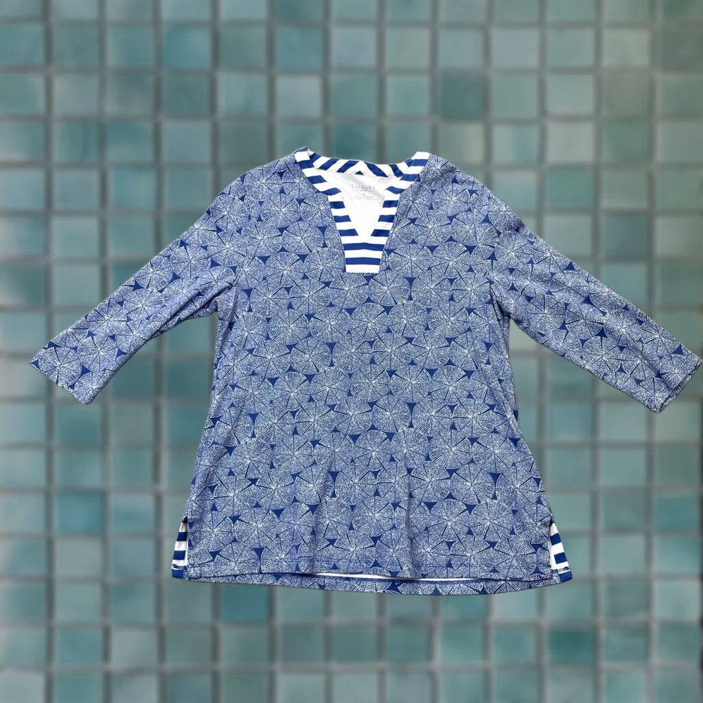 Talbots Talbots Blouse Womens Medium Petite Blue Geometric Print Cotton V-Neck 3/4 Sleeve Boho Shirt Size M / US 6-8 / IT 42-44 - 1 Thumbnail