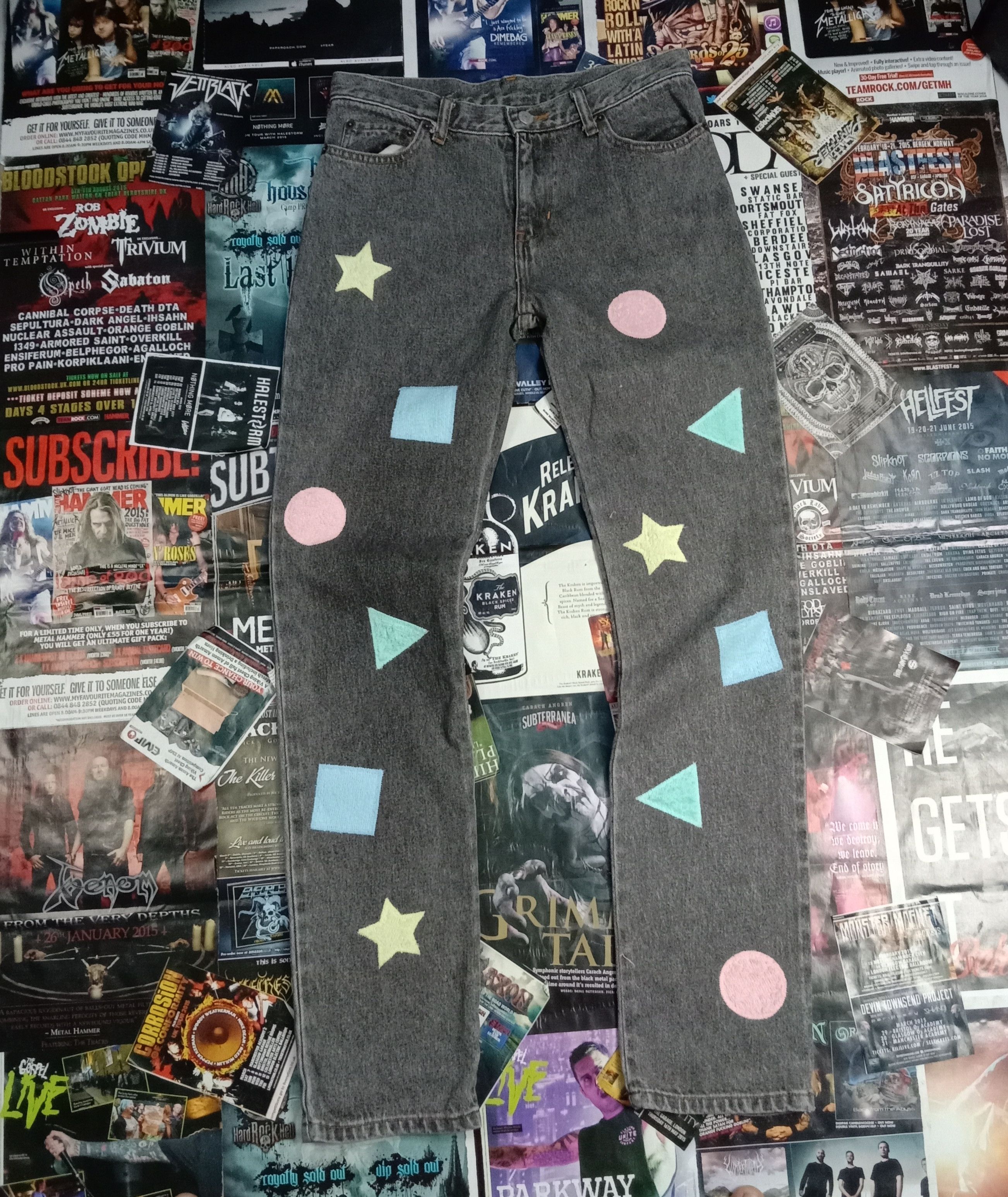 image of Archival Clothing x Art Vintage Beams Original Patchwork Denim Pants in Black Grey, Men's (Size 29)