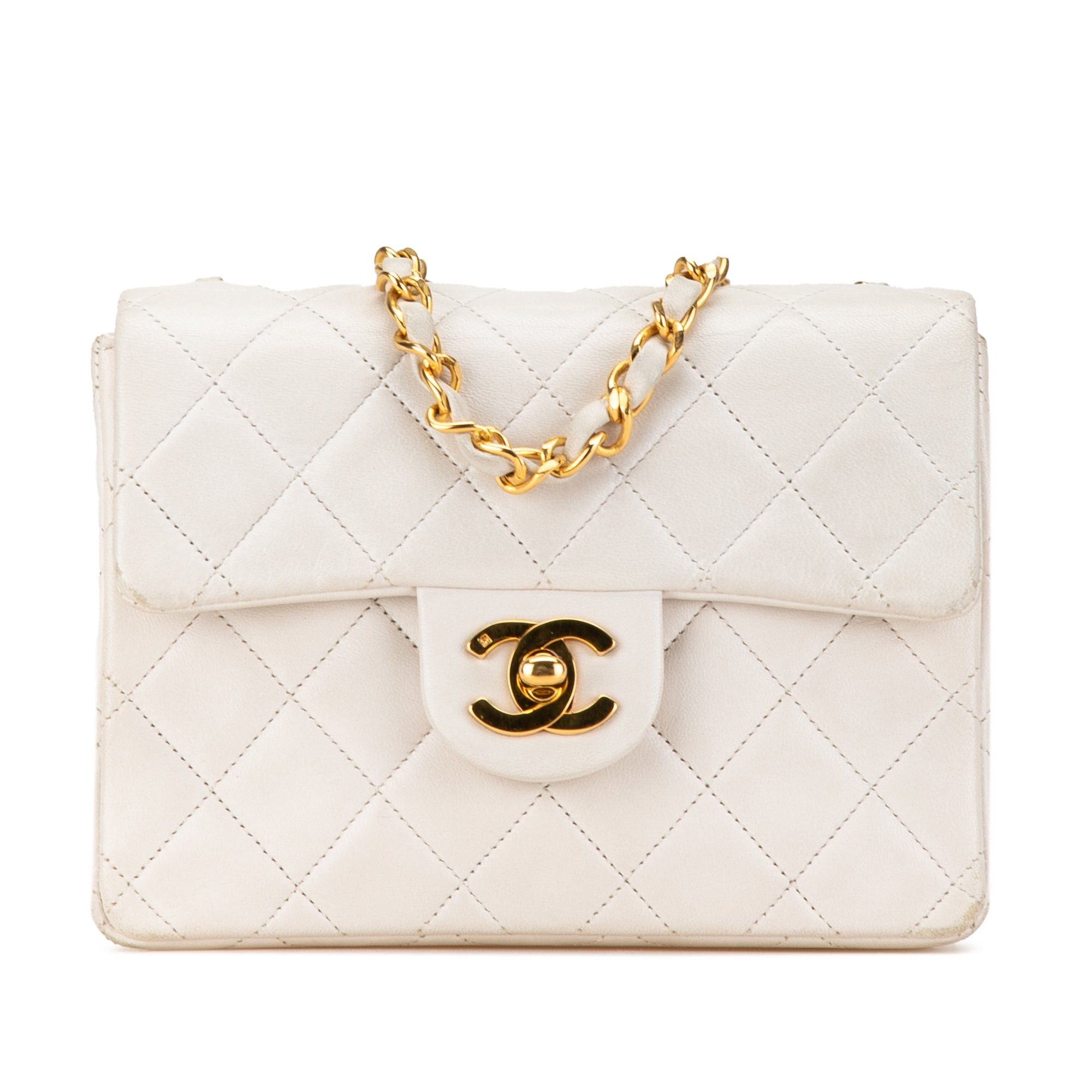 Chanel White Mini Square Classic Lambskin Single Flap Crossbody Bag, Women's