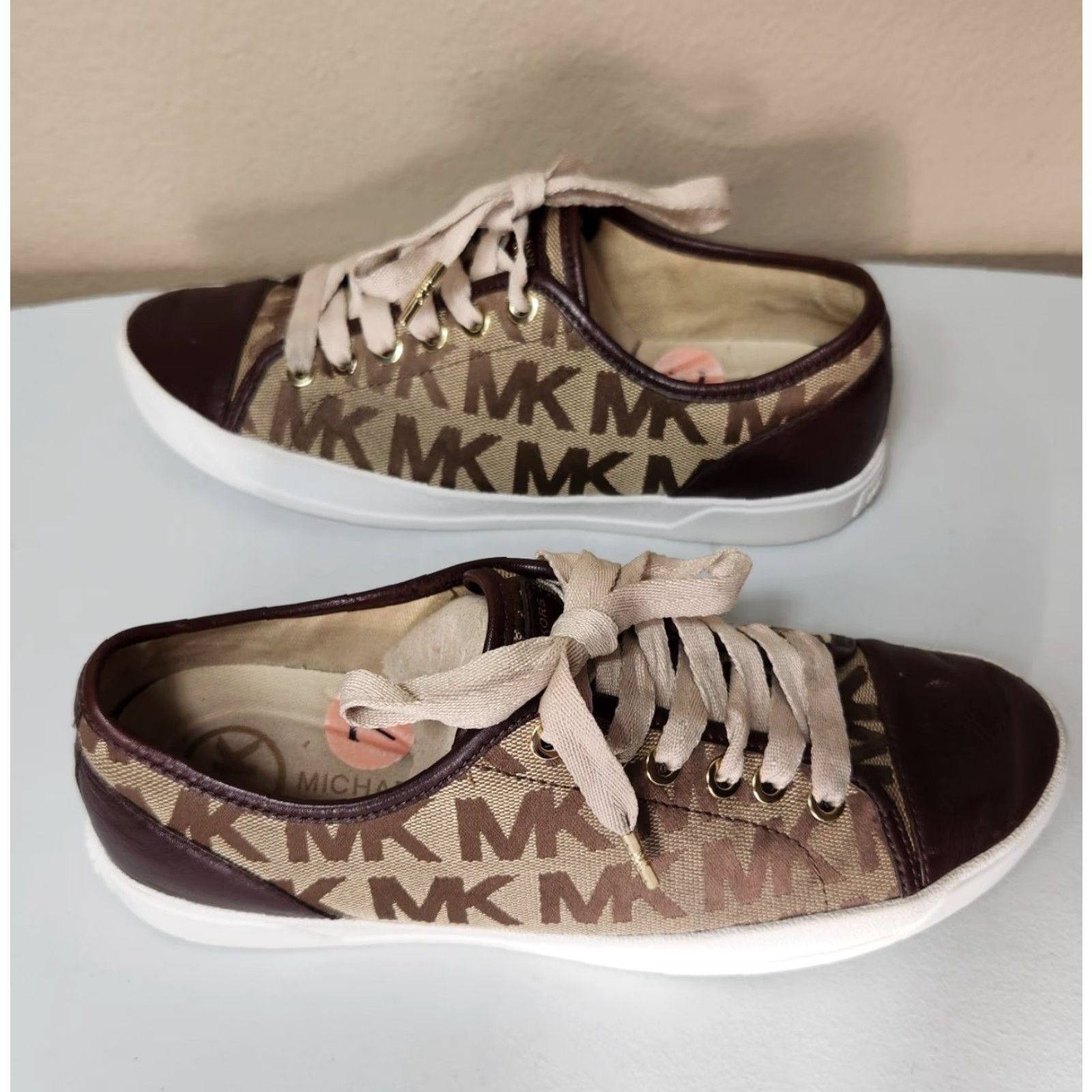 Michael Kors Michael Kors Womens MK Monogram City Leather/Textile Sneakers Size 7 Brown Tan City Designer Sneakers Size US 7 / IT 37 - 6 Thumbnail