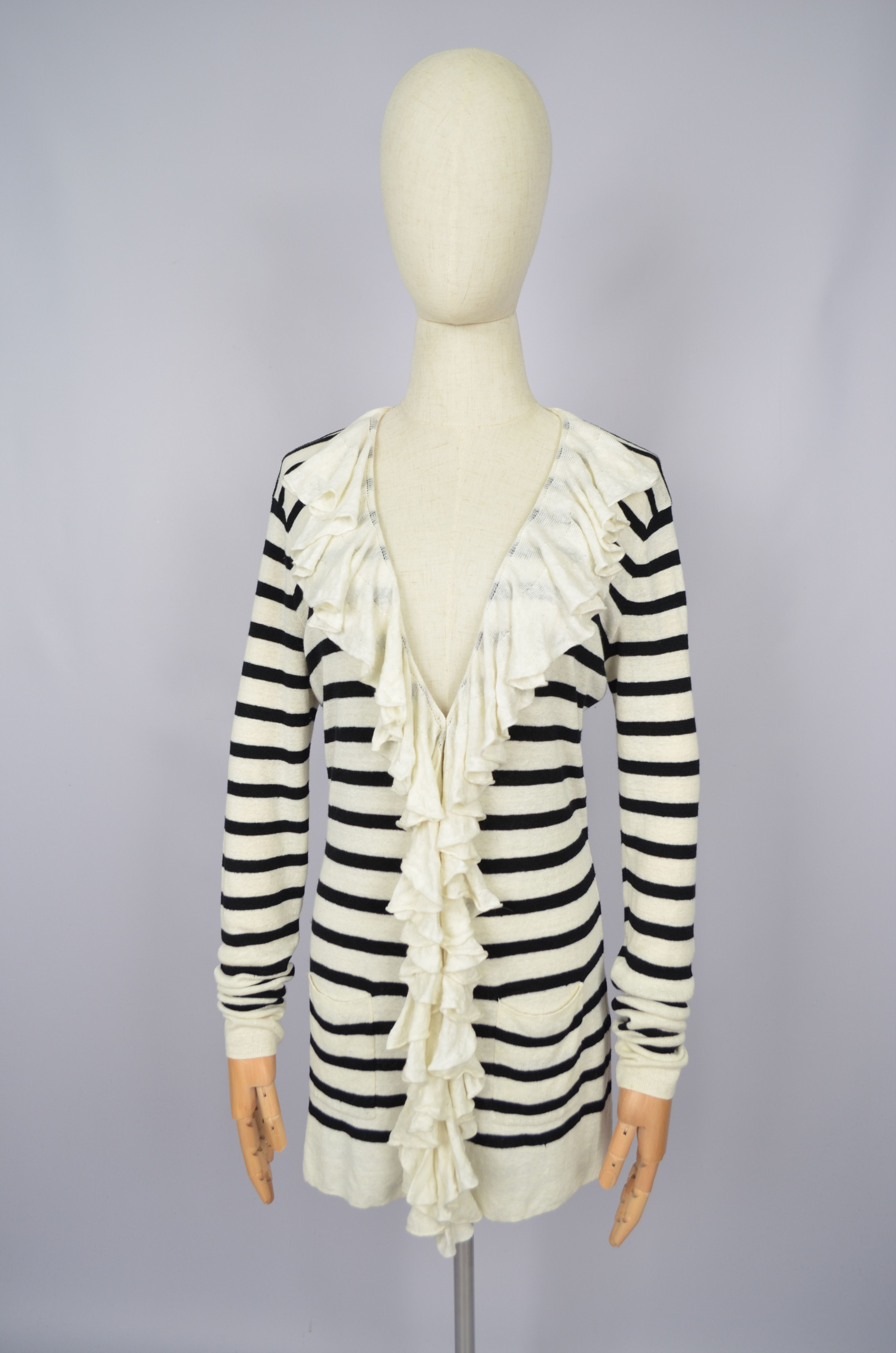 Ralph Lauren 100% Linen Knit Ribbed Trim Ruffled Cardigan