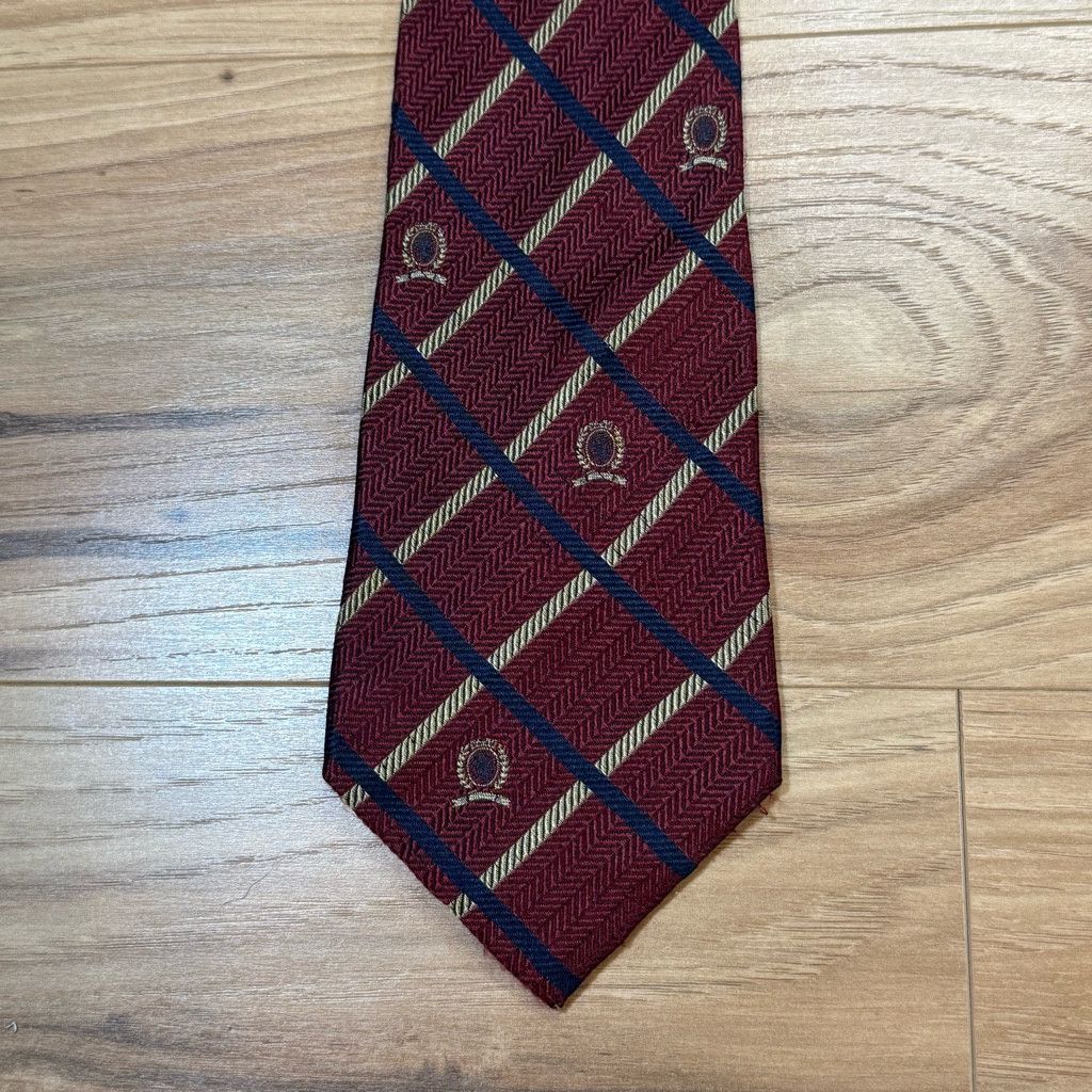 Tommy Hilfiger Tommy Hilfiger Plaid Silk Tie Red Navy Crest 3.75” USA/Italy Size 26 - 1 Thumbnail