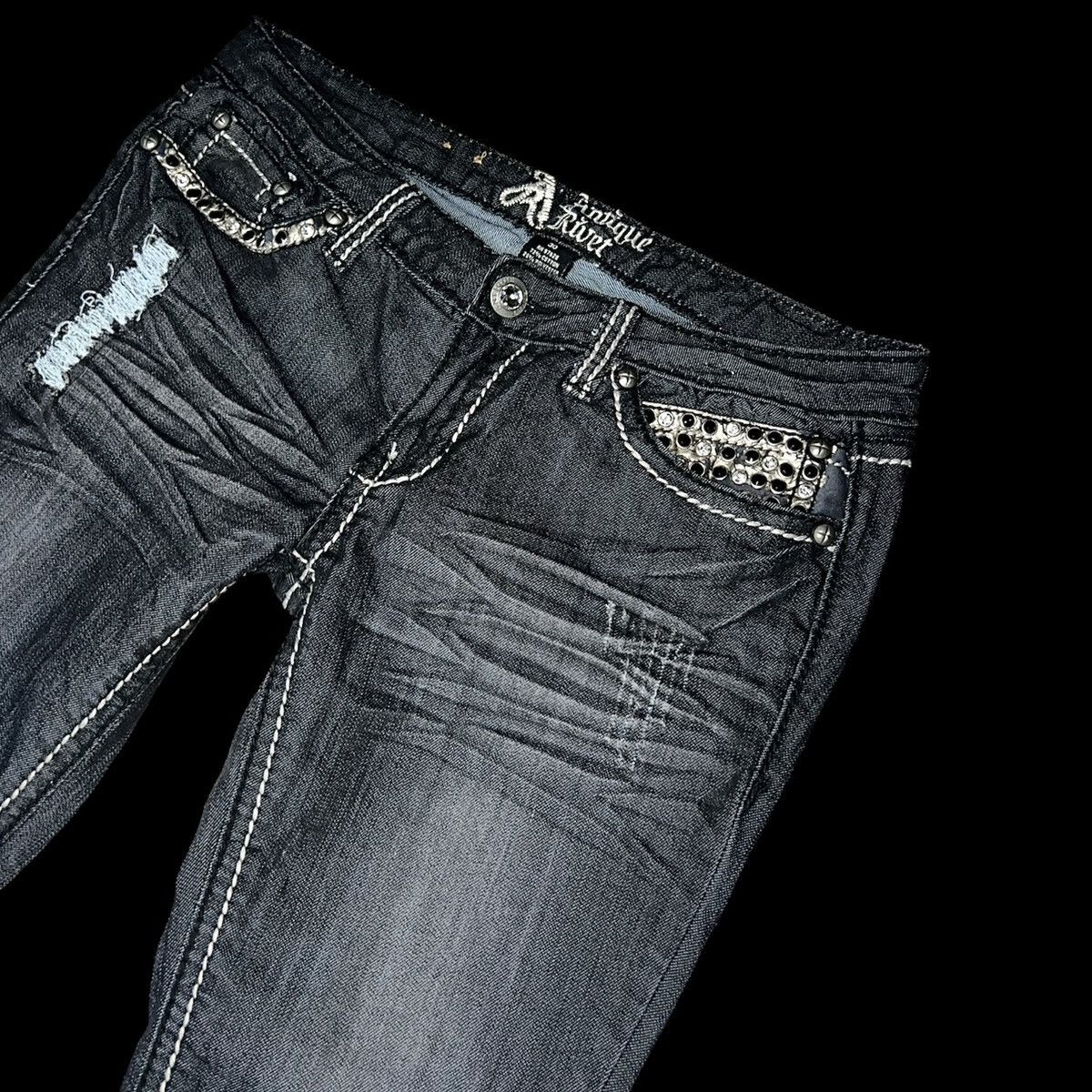 Japanese Brand Antique Rivet Crystal Studded Distressed Jeans Size US 30 / EU 46 - 1 Thumbnail