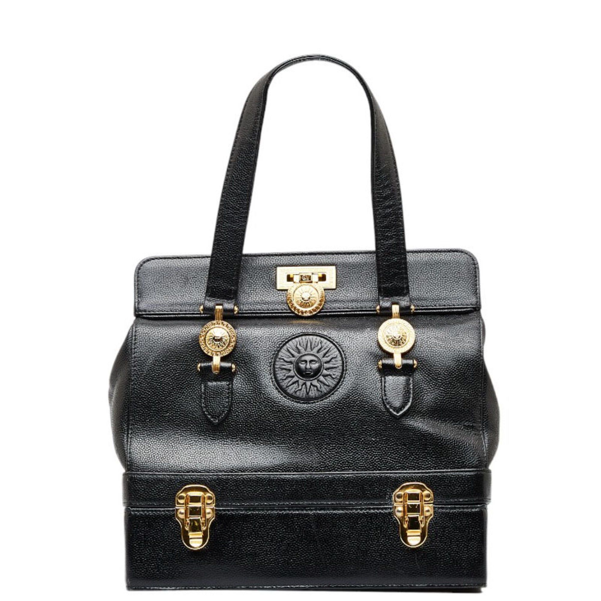 image of Versace Sunburst 2 Tier Handbag Vanity Bag Black Caviar Skin Ladies, Women's