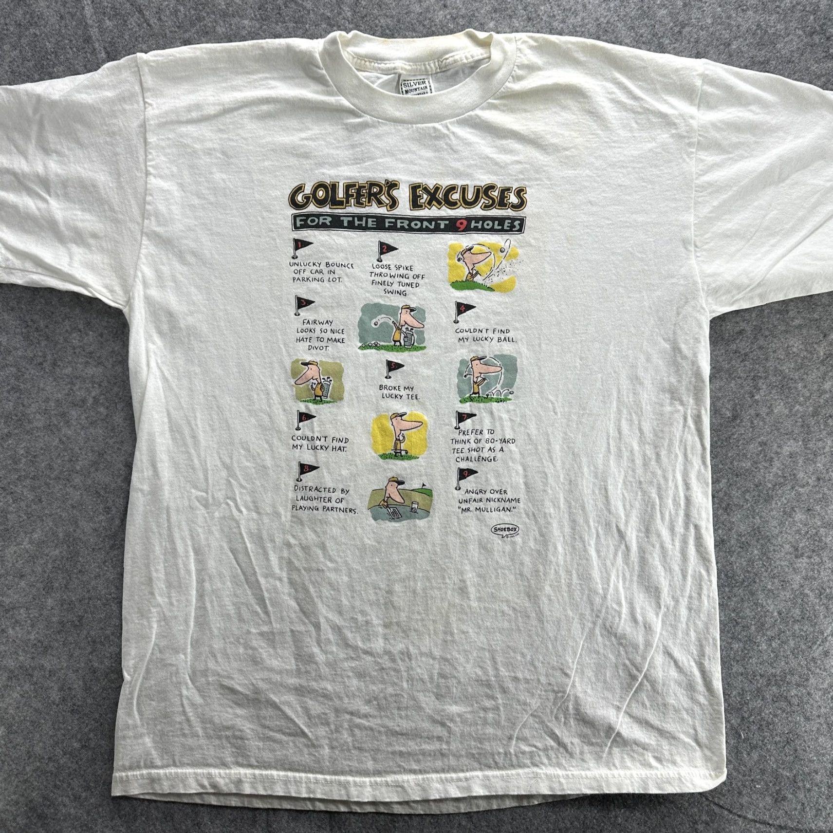 Vintage VINTAGE Silver Mountain Shoebox Golfers Excuses T-Shirt Mens XL White Funny Cartoon Graphic 90s Tee Size US XL / EU 56 / 4 - 2 Thumbnail