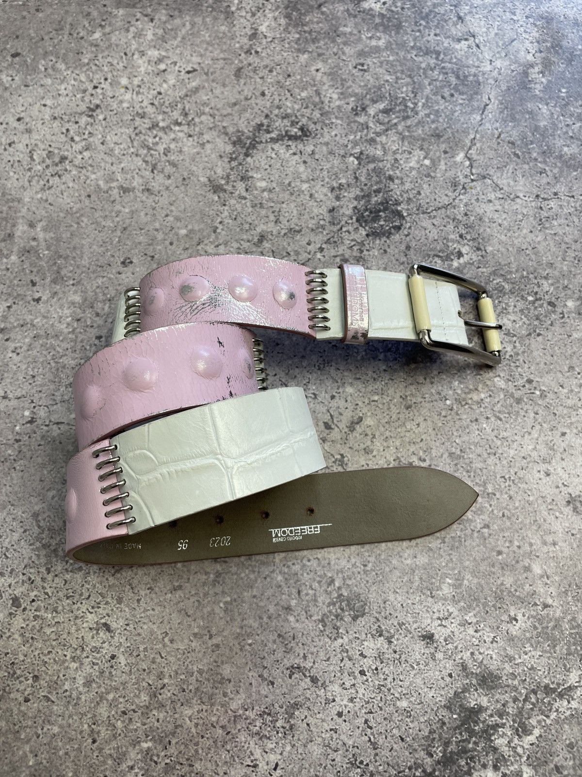 Roberto Cavalli Vintage Pink White Leather Rhinestone Belt