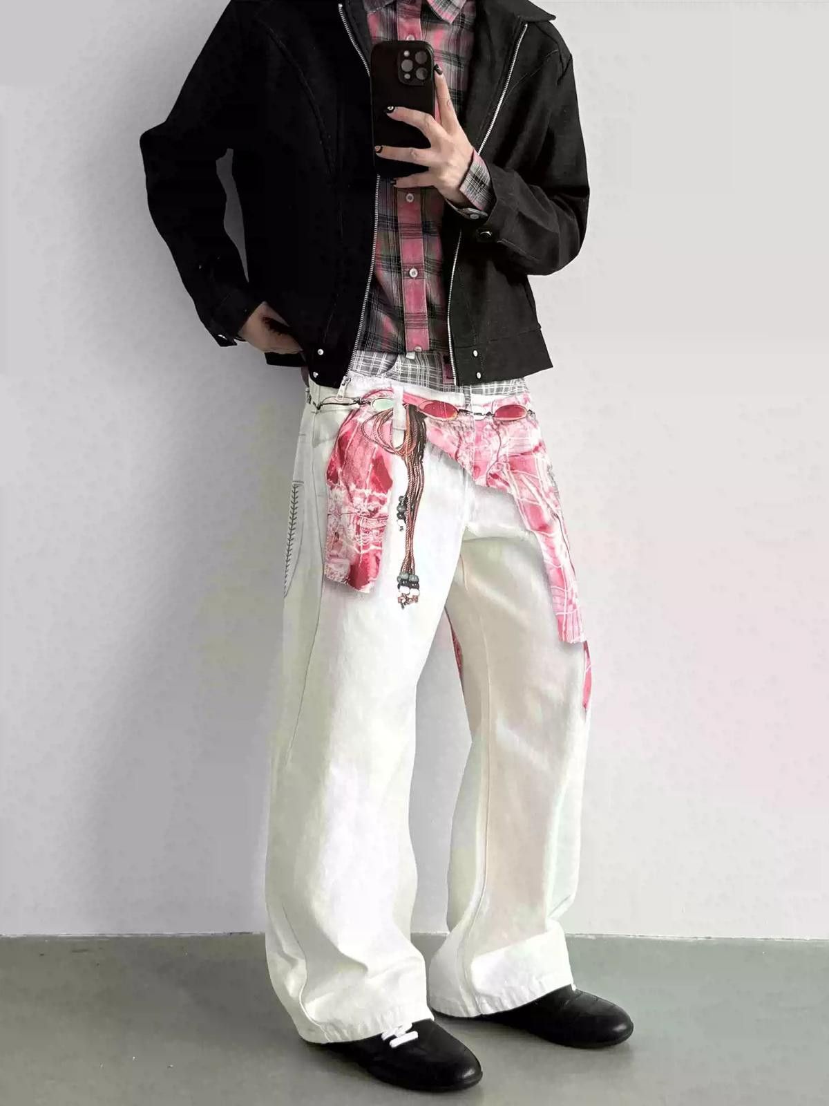 Japanese Brand White Baggy Wide Leg Pants with Pink Plaid Shirt 3D Print Size US 30 / EU 46 - 3 Thumbnail