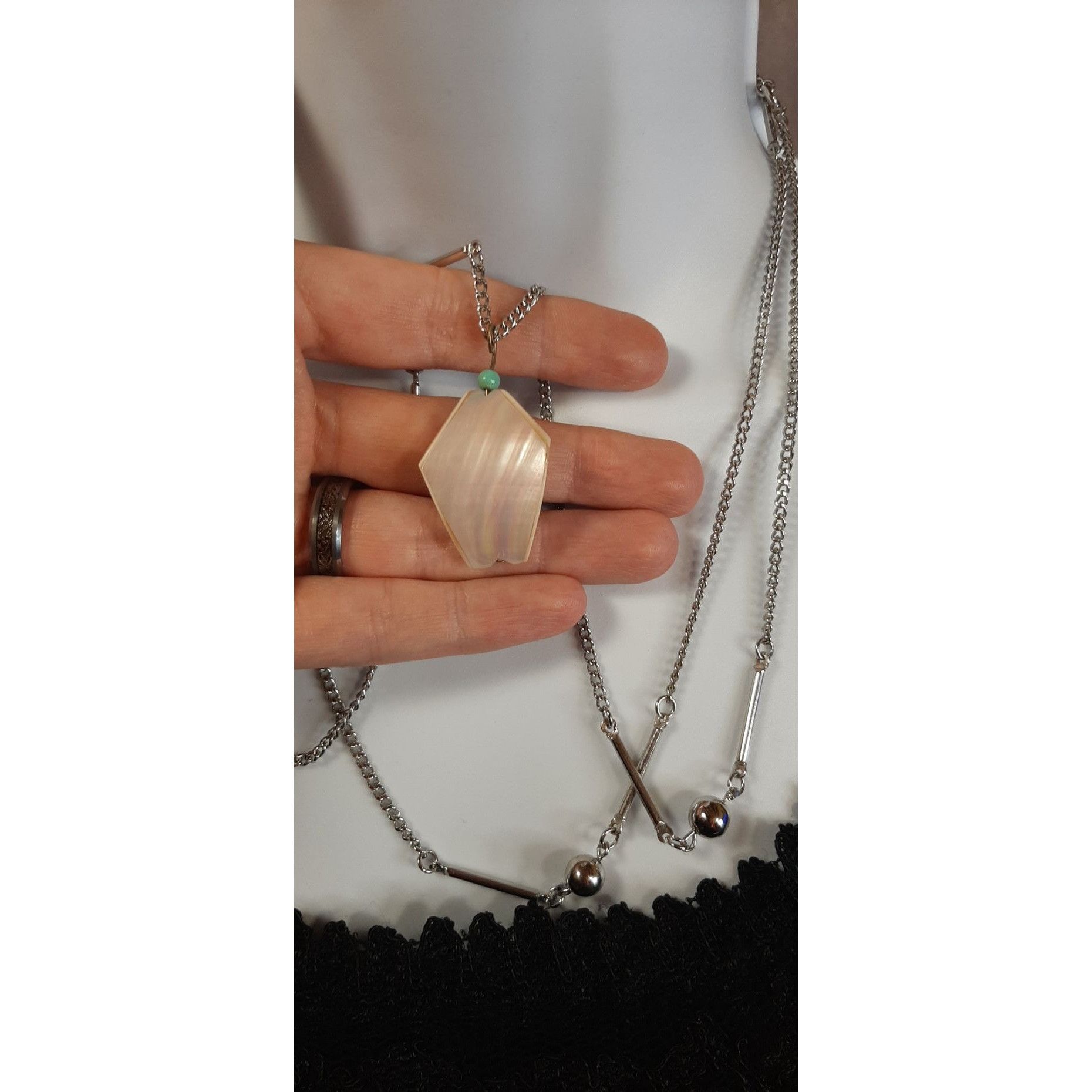 Other Vintage Mother Of Pearl Box Pendant Necklace With Layered Ch Size ONE SIZE - 5 Thumbnail