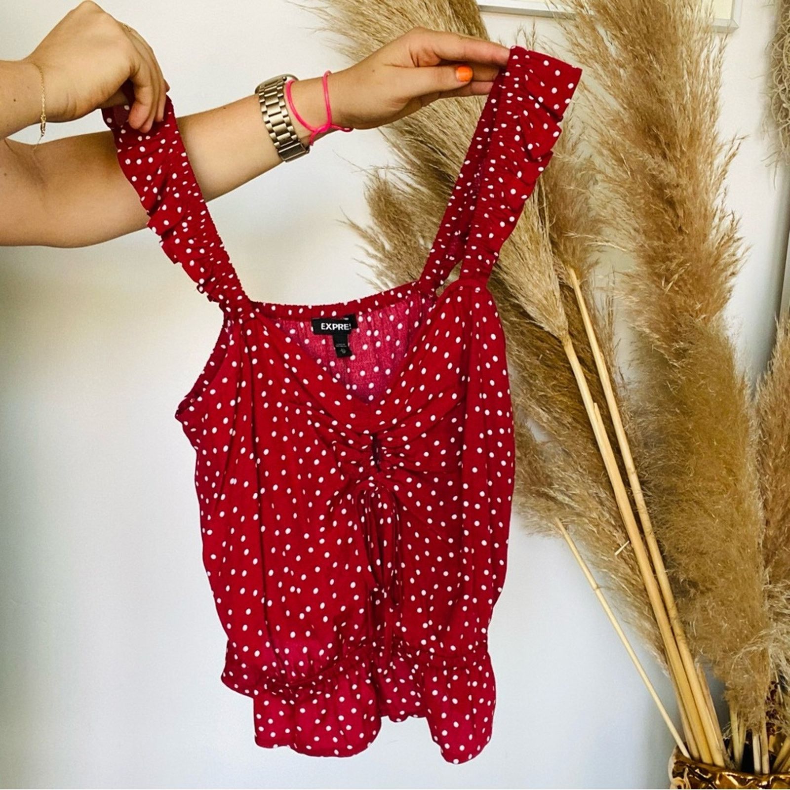 Express NEW EXPRESS Red White Polka Dot Ruffle Tank Top Crop Shirt Size XS / US 0-2 / IT 36-38 - 8 Thumbnail