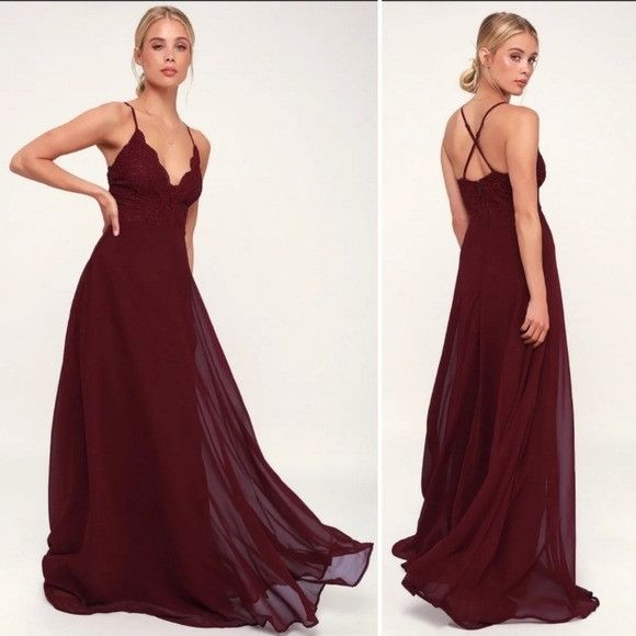 Lulus Madalyn Burgundy Lace and Chiffon Maxi Prom Formal
