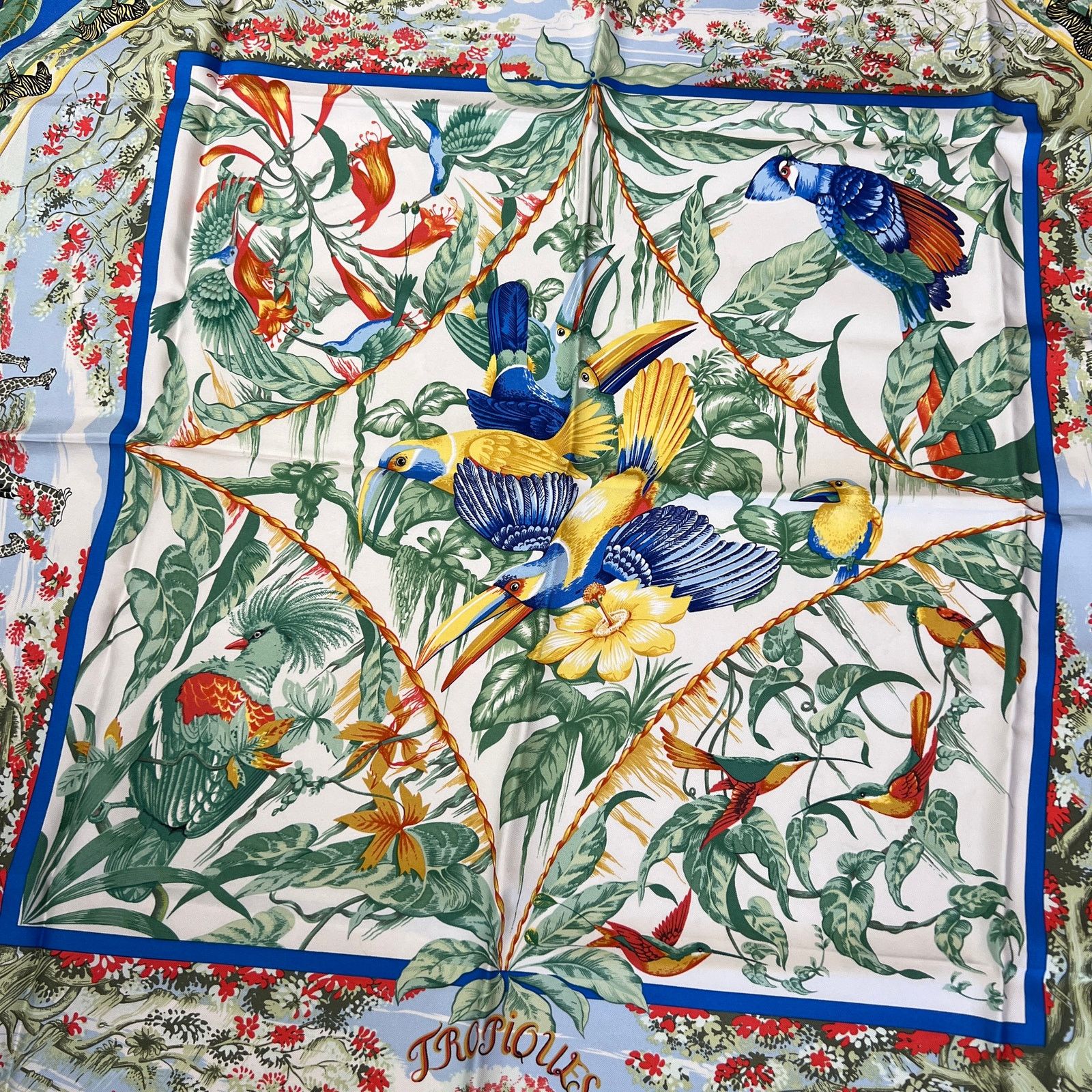 Hermes Hermes Tropiques 90 Silk Scarf Blue Tropical Bird Size ONE SIZE - 8 Thumbnail