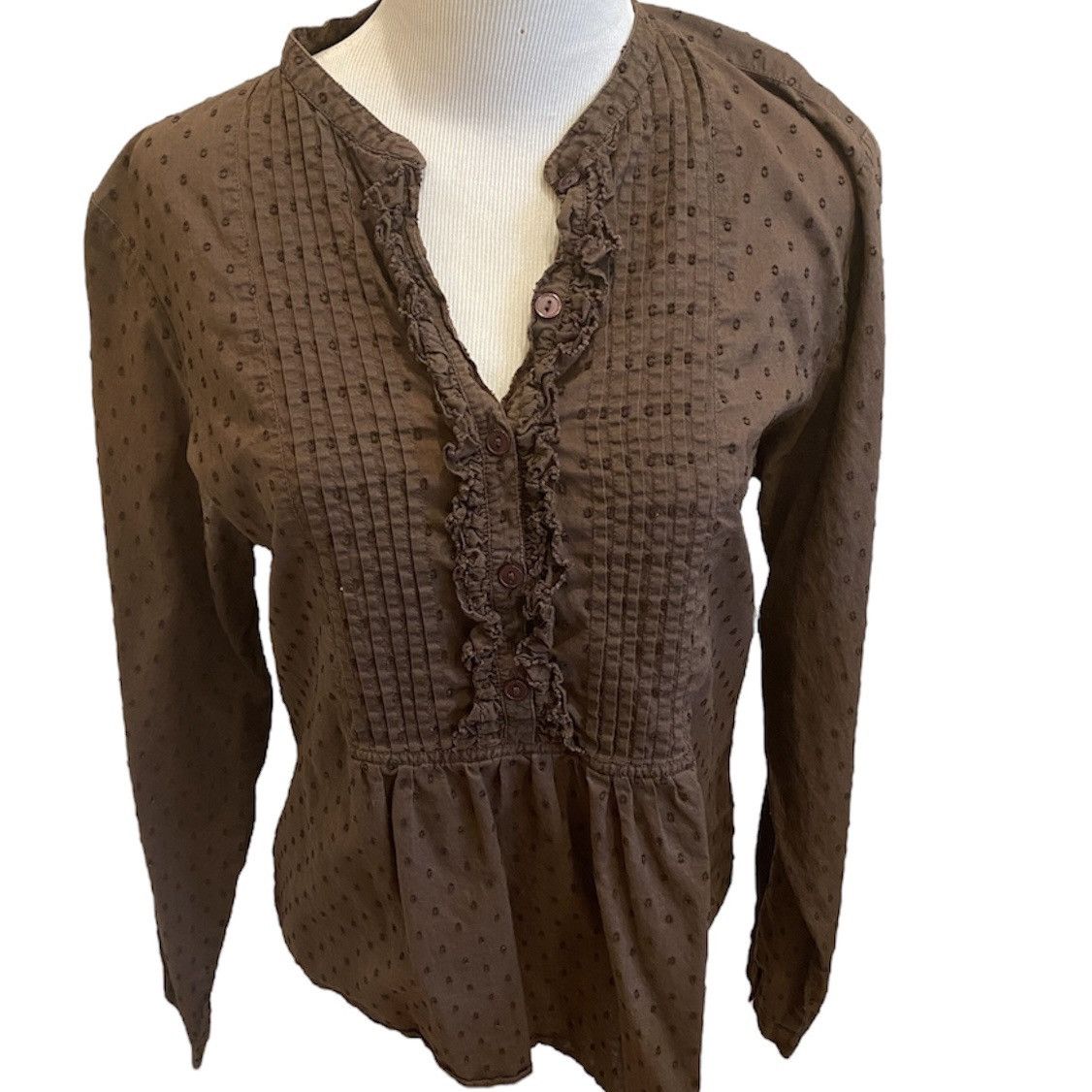 Boden Retro Boden Swiss Dot Ruffle Pleat Popover Button Down Brown Size XL / US 12-14 / IT 48-50 - 1 Thumbnail