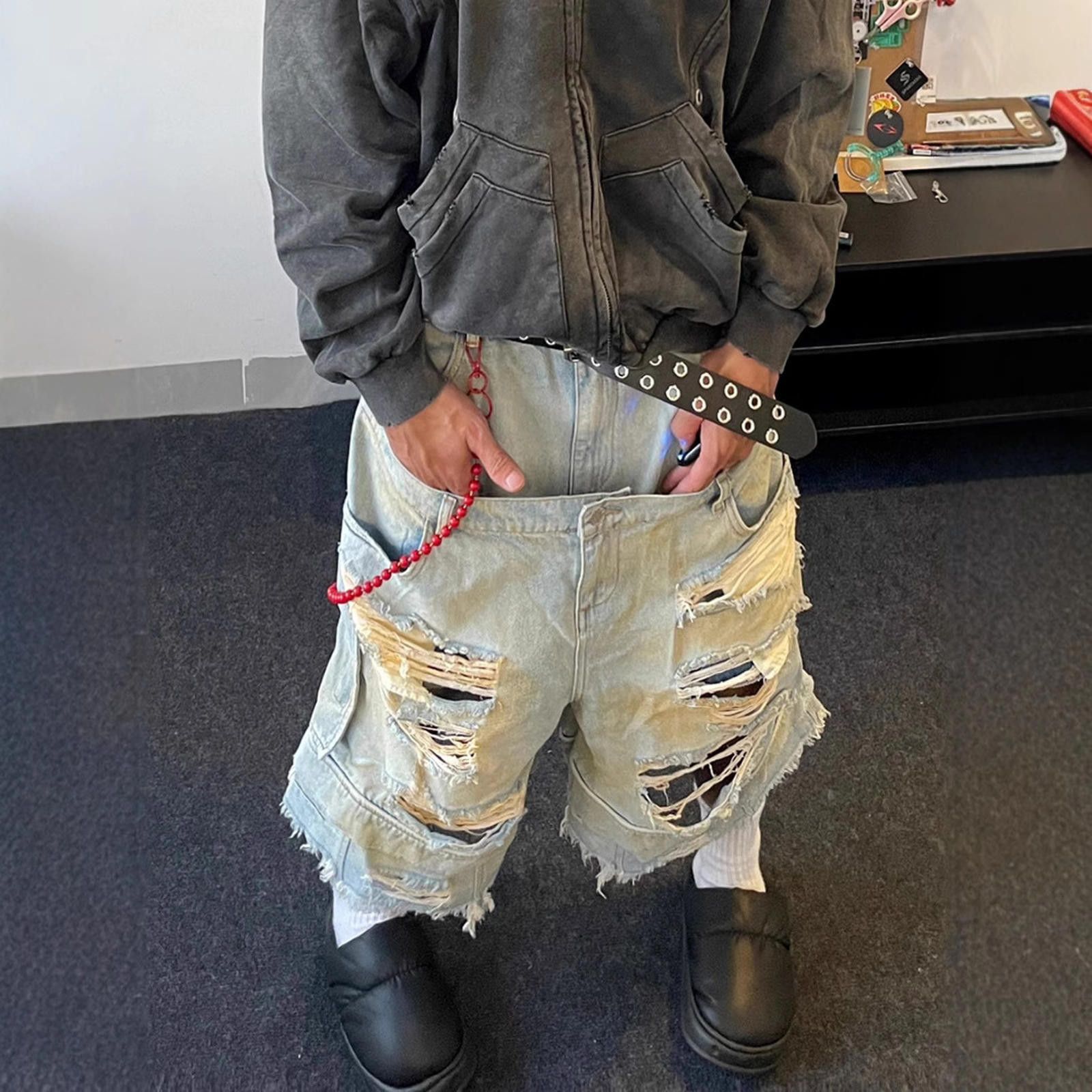 Jean Distressed Straight-Leg Denim Short | Frayed Raw Hem Size US 32 / EU 48 - 4 Thumbnail