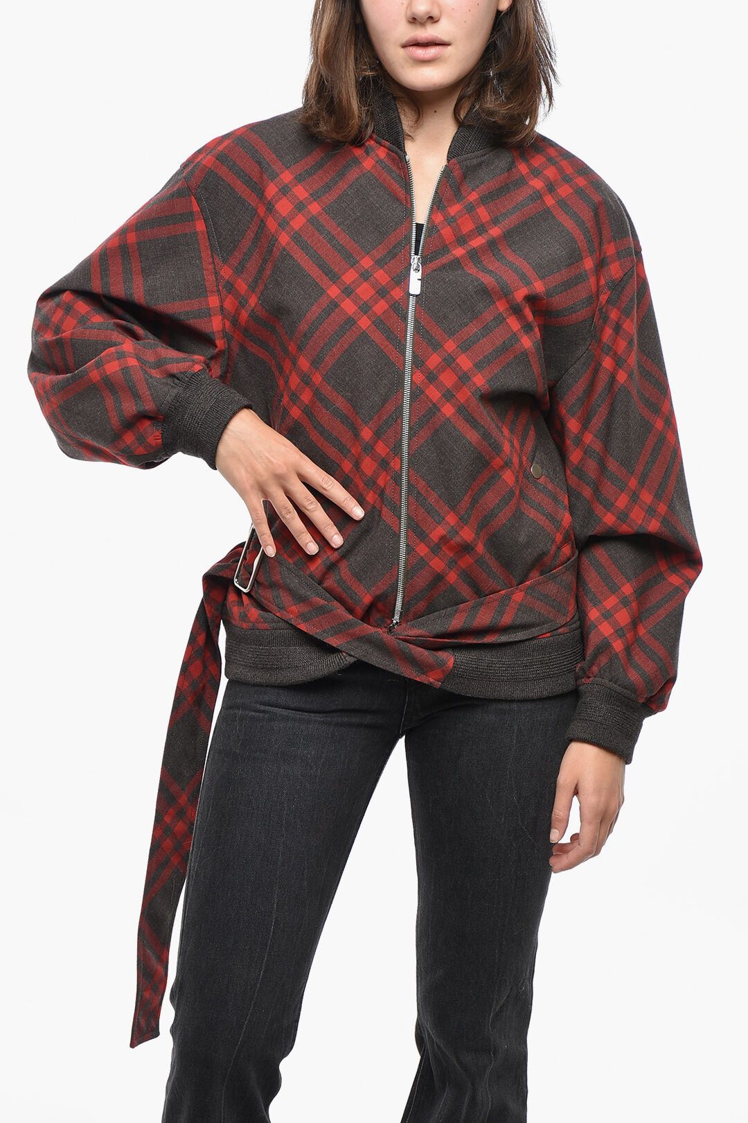 og1mm1225 Tartan Wool Blend Bomber Jacket in Red/Black