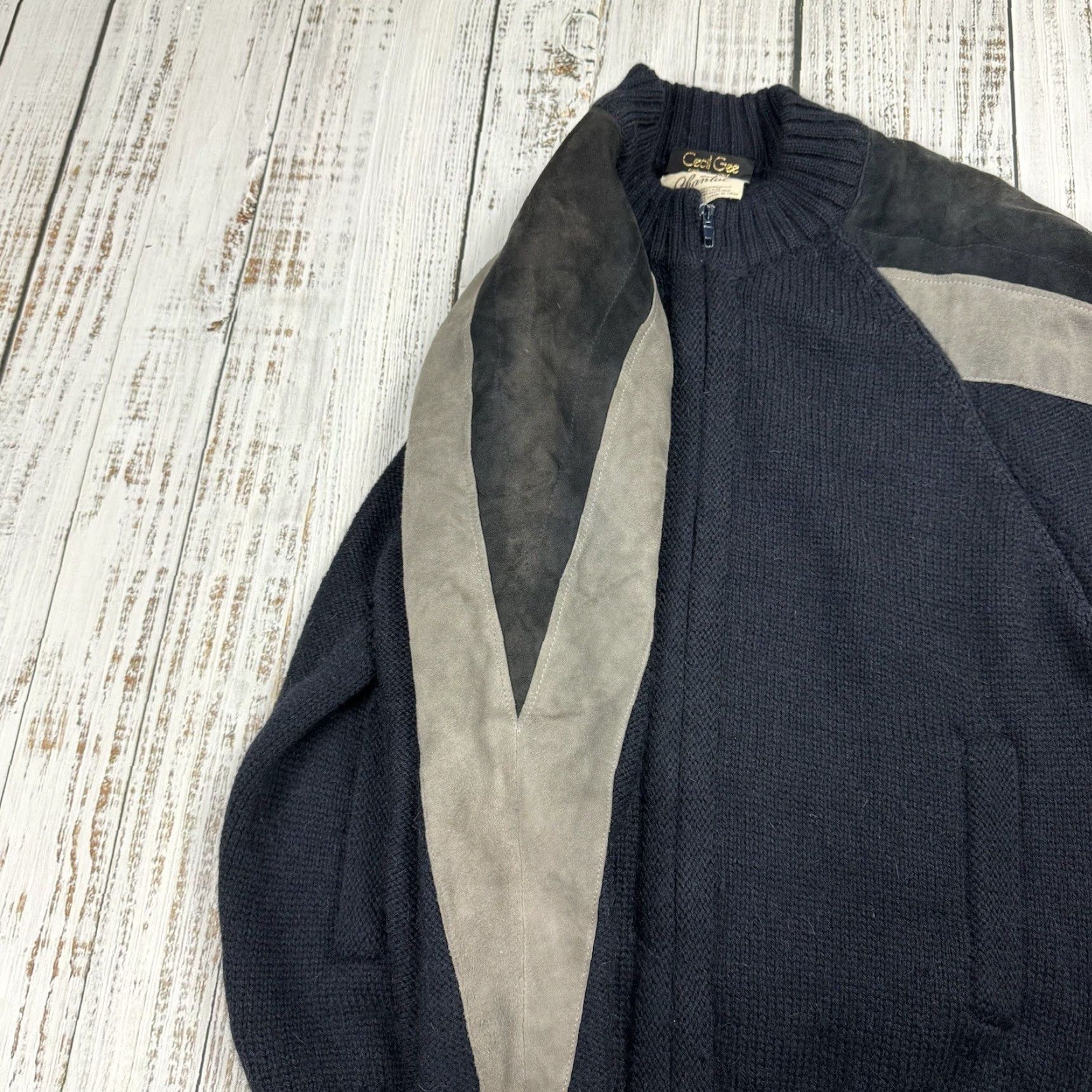 Vintage VINTAGE CHANTAL FOR CECIL GEE WOOL SWEATER JACKET FULL ZIP LEATHER ACCENT BLUE L/XL MEN'S Size US L / EU 52-54 / 3 - 5 Thumbnail
