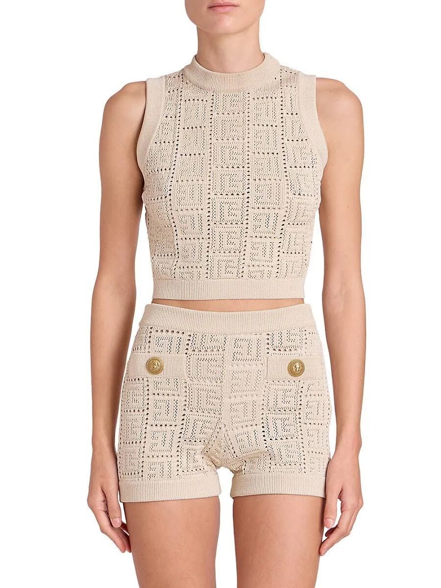Balmain o1s1rm0624 Monogrammed Openwork Knit Top in Beige Size L / US 10 / IT 46 - 5 Thumbnail