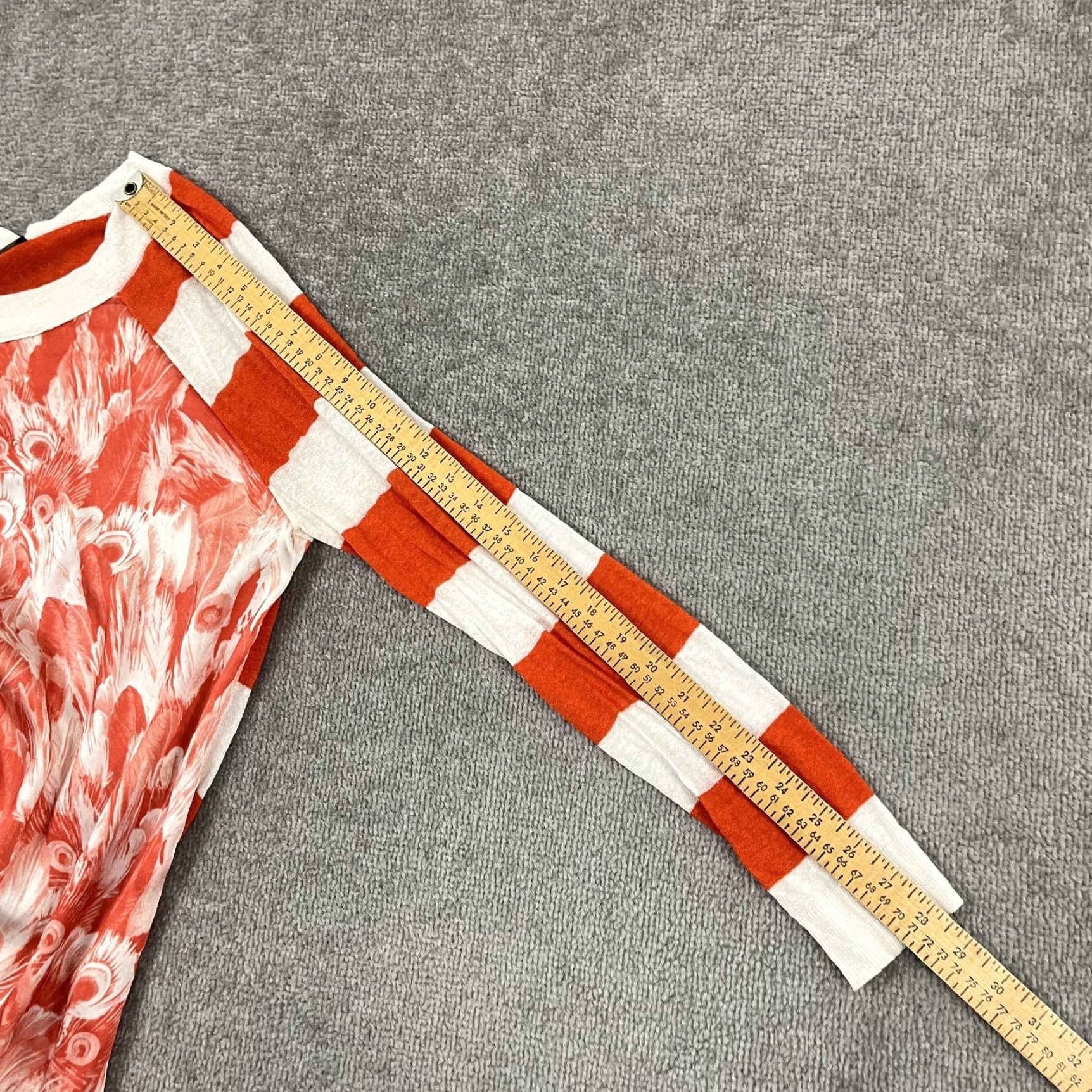 Vintage Roberto Verino Blouse Womens M Orange Striped Linen Feather Print Crew Neck Long Sleeve Size M / US 6-8 / IT 42-44 - 5 Thumbnail