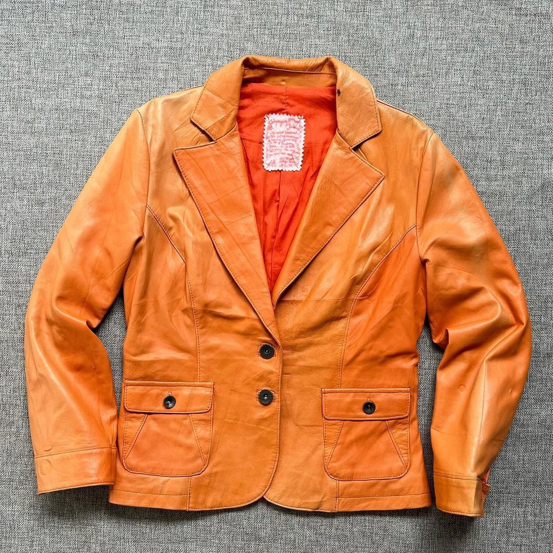 image of Genuine Leather x Leather Jacket Blazer Leather Jacket in Orange, Women's (Size Small)