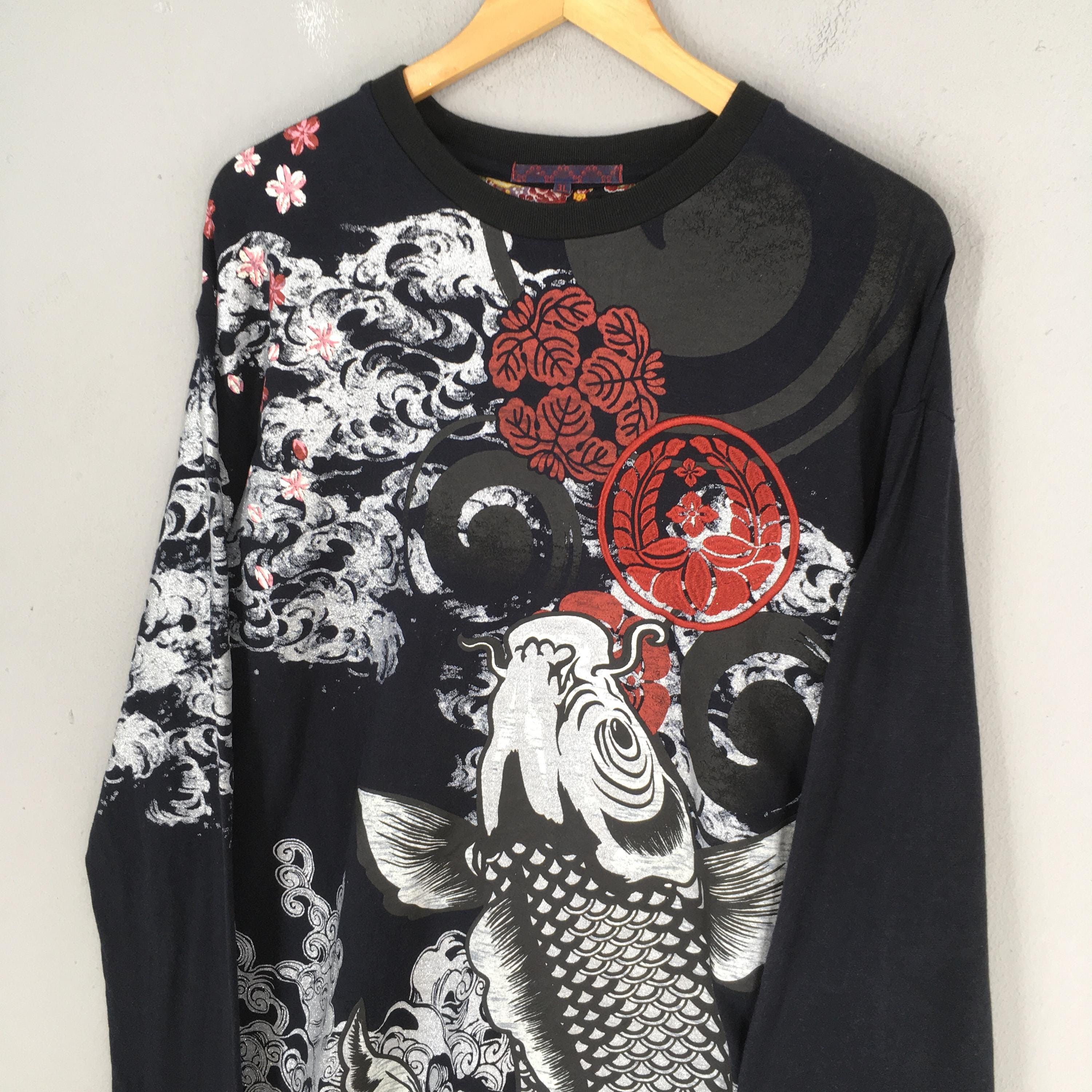 Japanese Brand Fish Koi Japanese Culture Sukajan Black Tshirt XLarge Size US XL / EU 56 / 4 - 4 Thumbnail