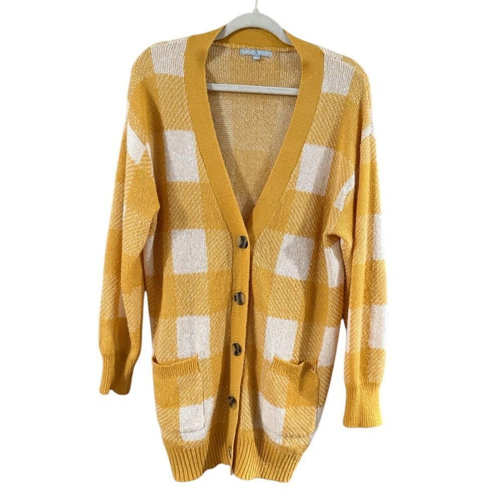Other Yellow and Cream Checkered Long Cardigan Sweater Size L / US 10 / IT 46 - 8 Thumbnail