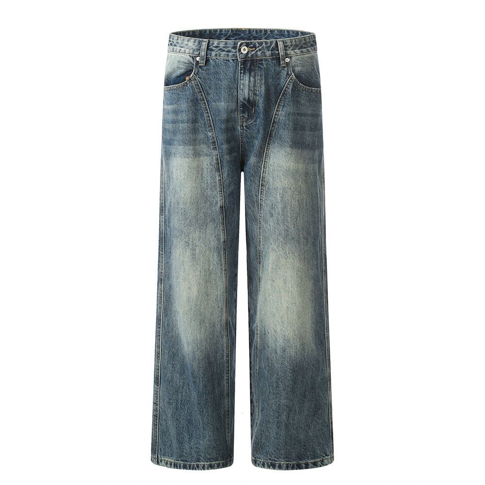 Men's patchwork distressed washed gradient loose jeans