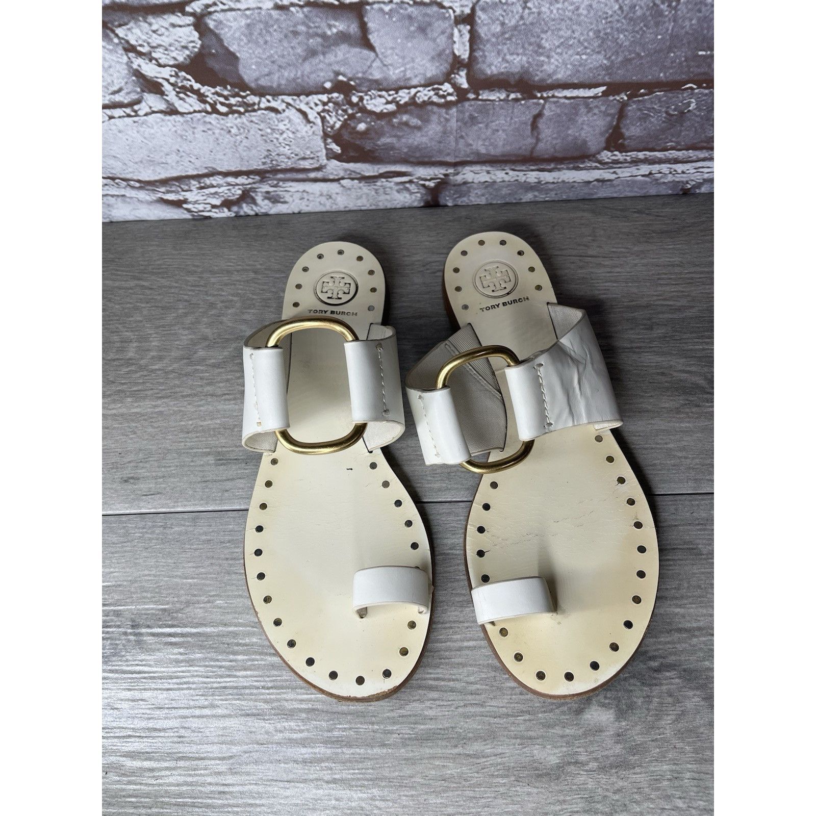 Tory Burch Tory Burch Ravello Studded White Leather Gold Rings Toe Post Size US 8 / IT 38 - 16 Thumbnail