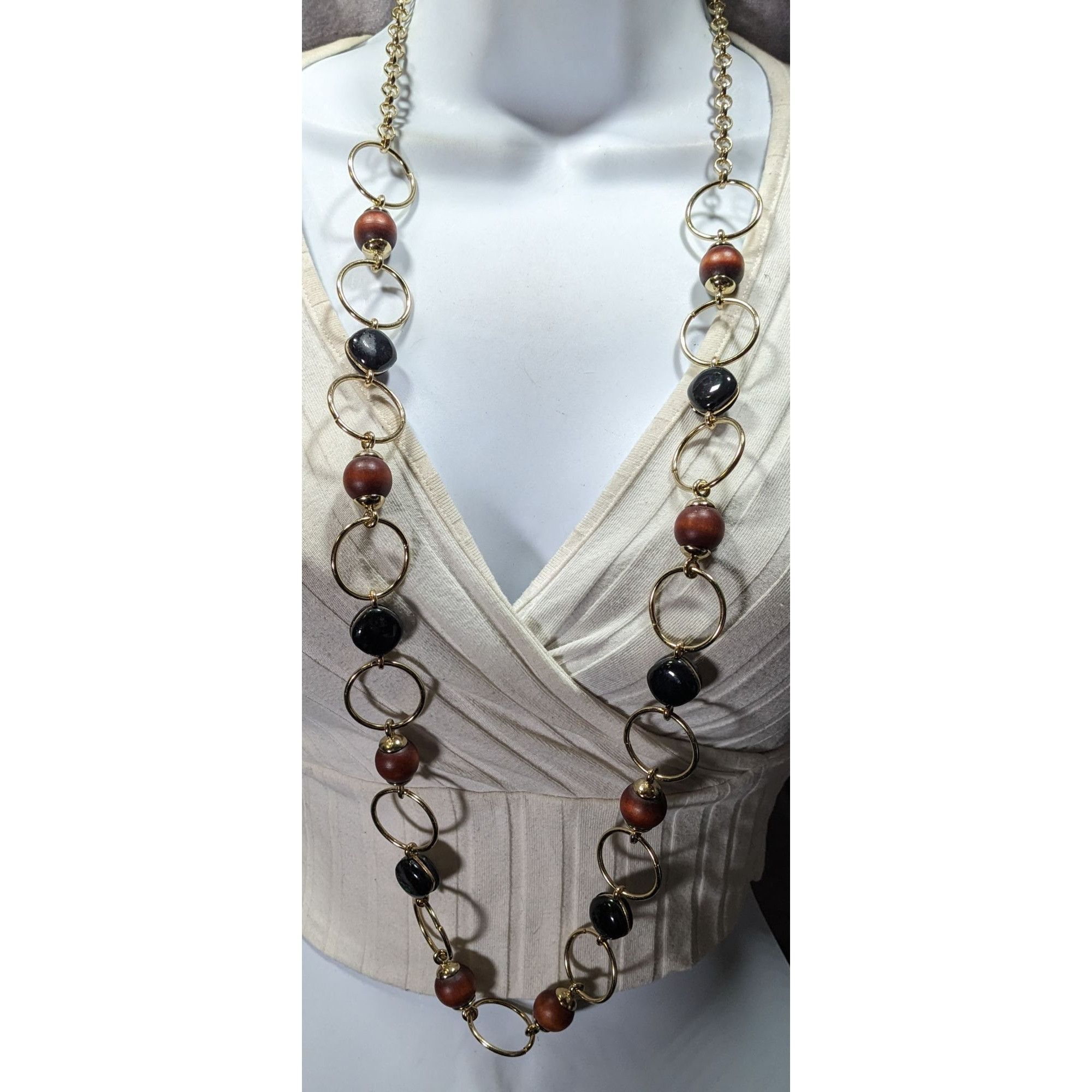 Chicos Chico's Brown And Black Beaded Gold Tone Ring Link Necklace Size ONE SIZE - 2 Thumbnail