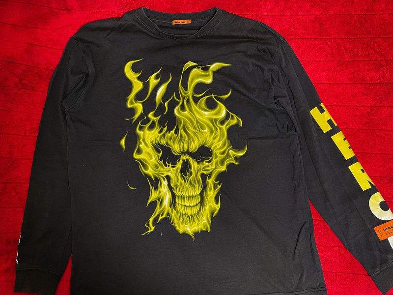 Good Heron Preston Flaming Skull Biker Long Sleeve T Shirt Tee Orange Size Small